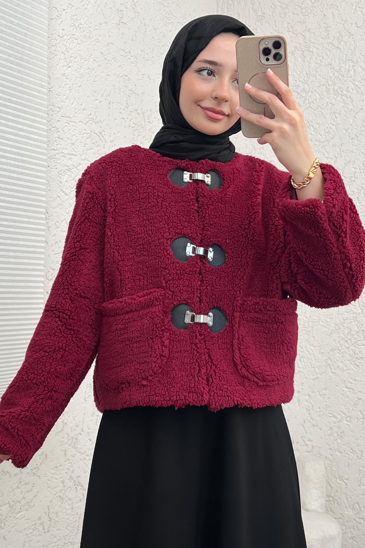 Toka Detaylı Peluş Ceket 0020 - BORDO | zenne.com 