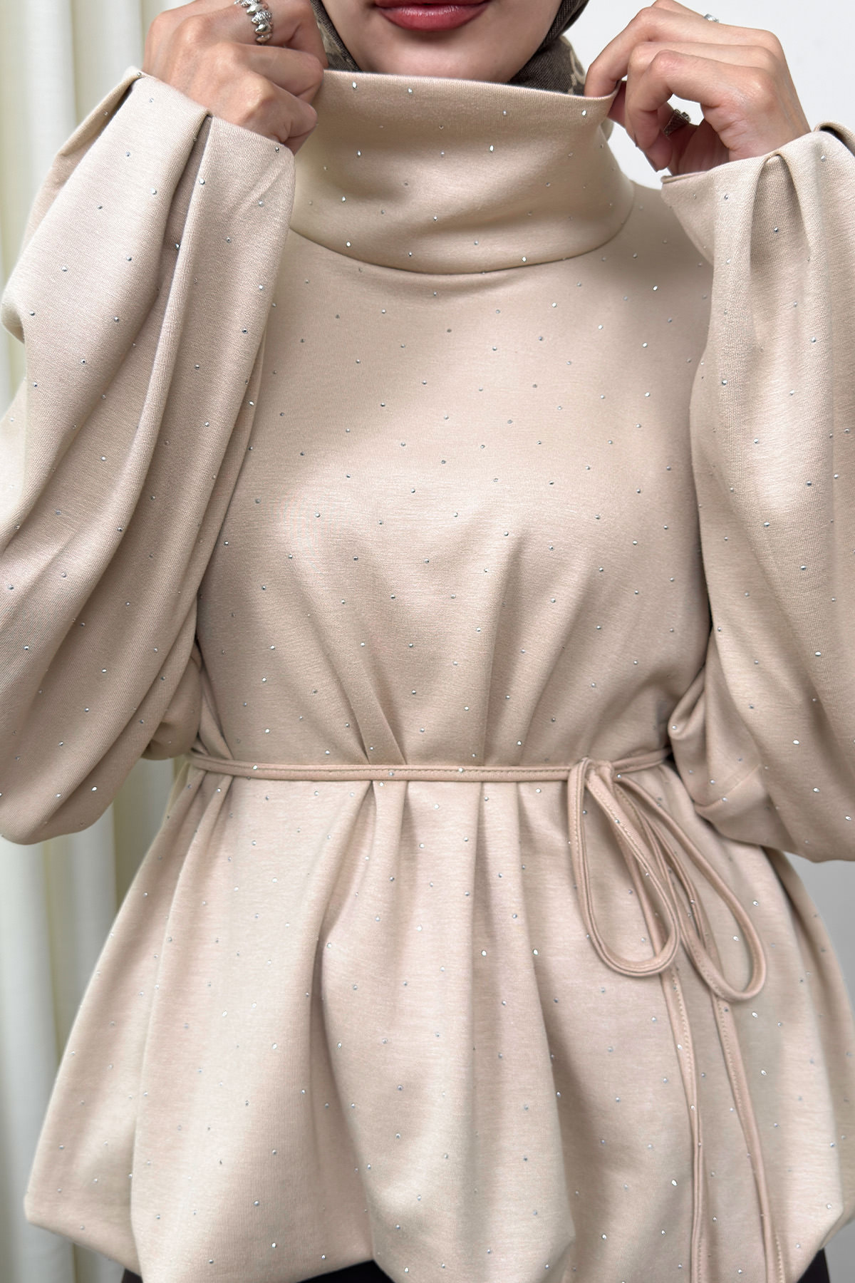 Taş Detaylı Salaş Swit Bluz 0026 - BEJ |  