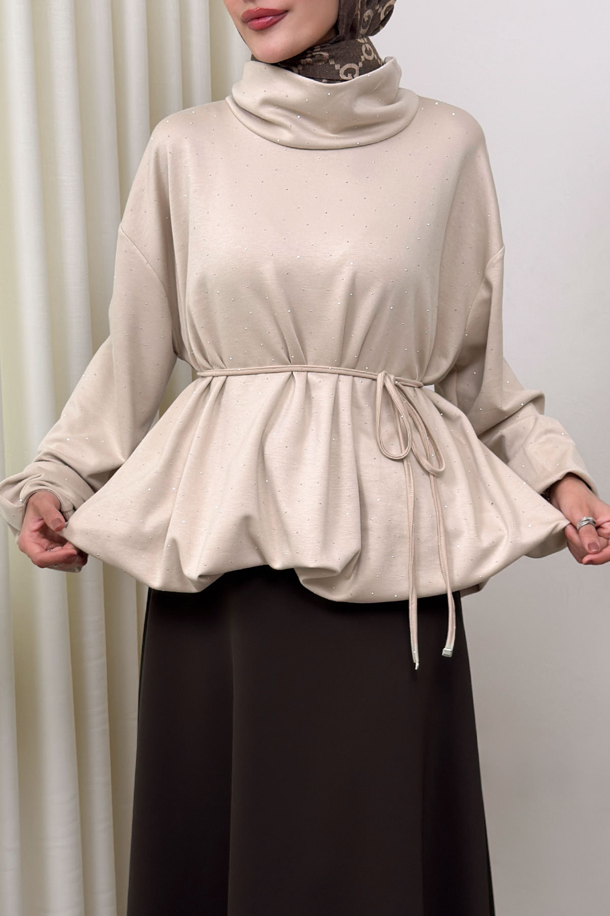 Taş Detaylı Salaş Swit Bluz 0026 - BEJ |  