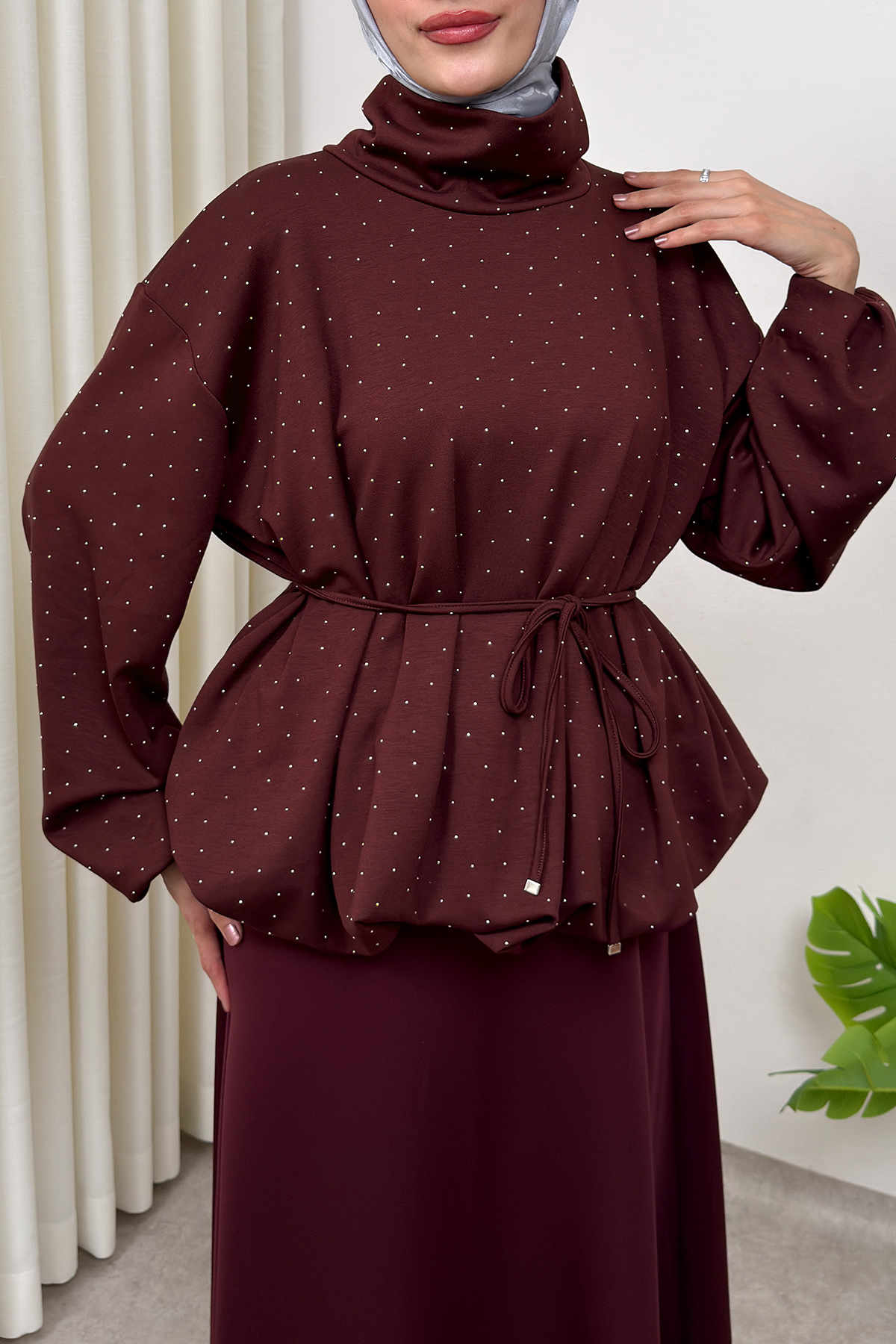 Taş Detaylı Salaş Swit Bluz 0026 - BORDO |  