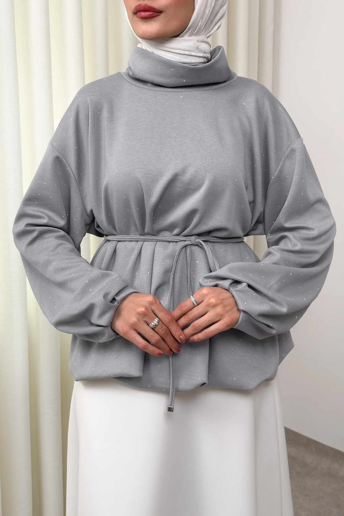 Taş Detaylı Salaş Swit Bluz 0026 - GRİ |  