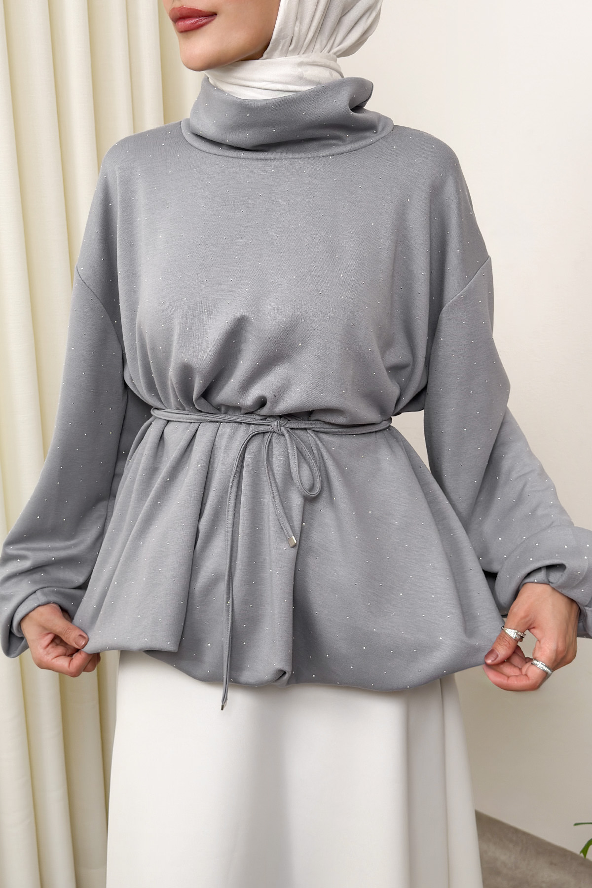 Taş Detaylı Salaş Swit Bluz 0026 - GRİ |  