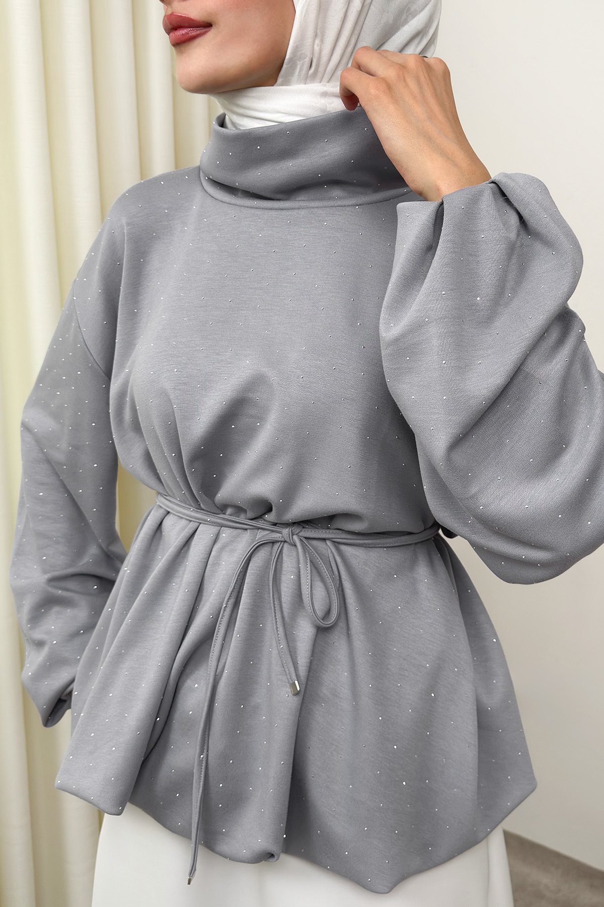 Taş Detaylı Salaş Swit Bluz 0026 - GRİ |  