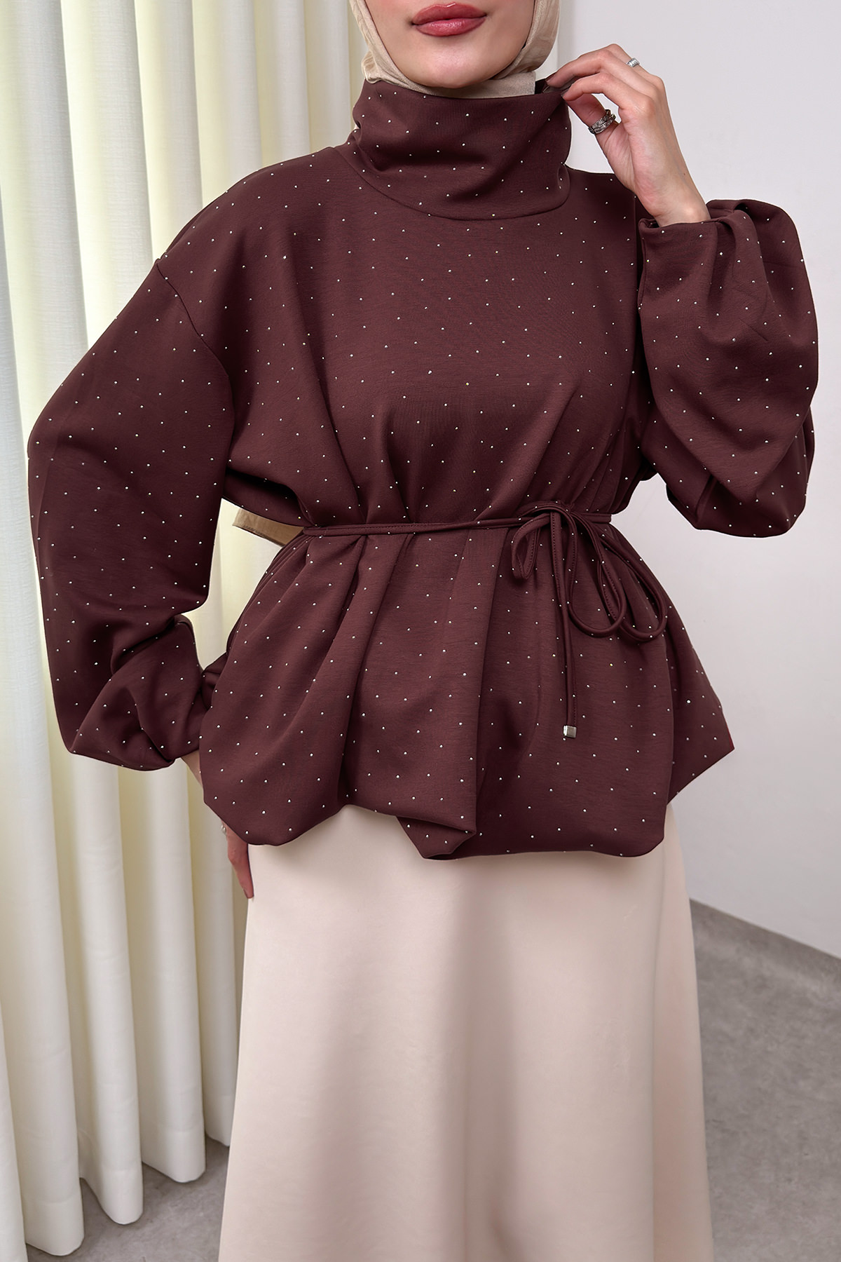 Taş Detaylı Salaş Swit Bluz 0026 - KOYU KAHVERENGİ |  