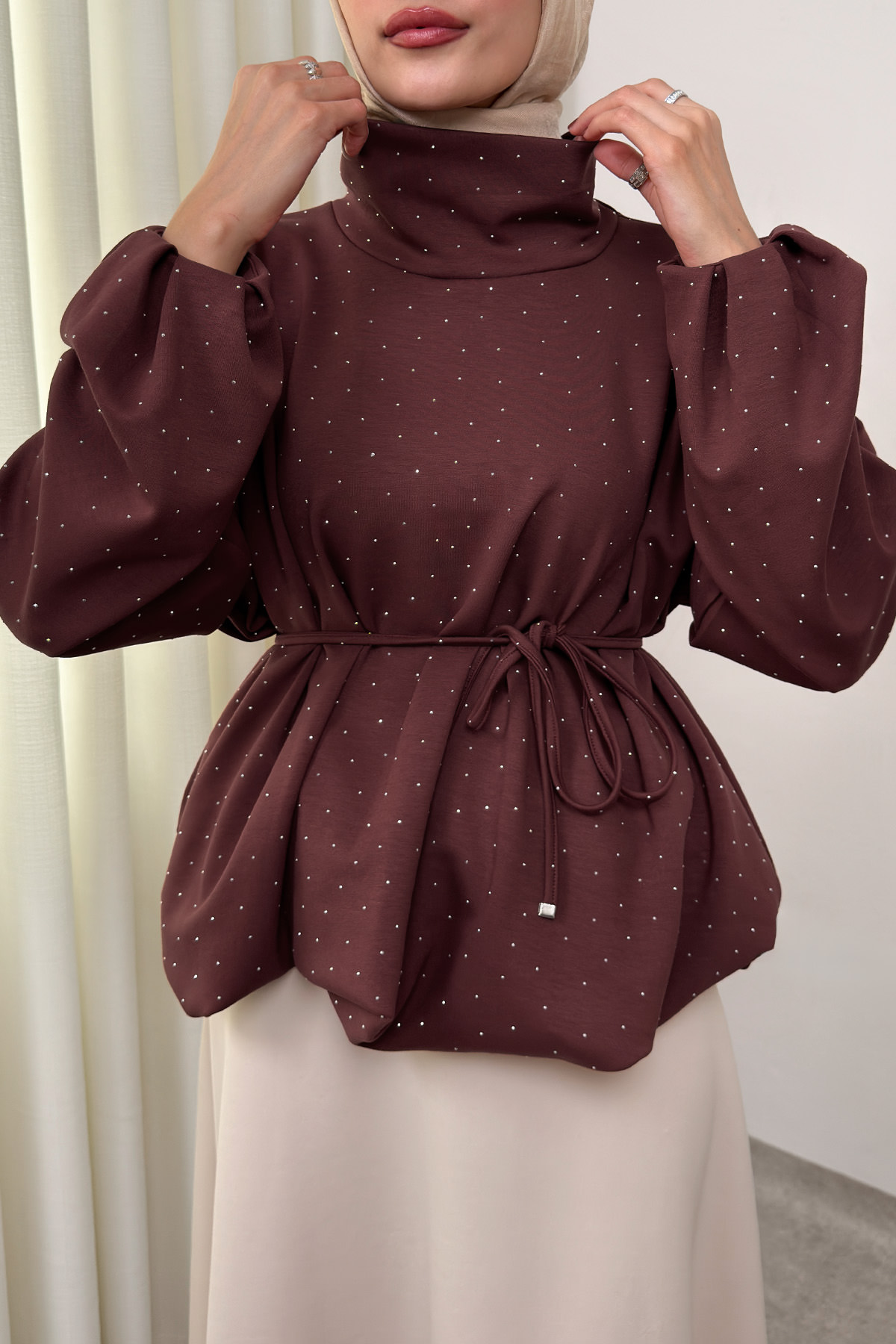 Taş Detaylı Salaş Swit Bluz 0026 - KOYU KAHVERENGİ |  