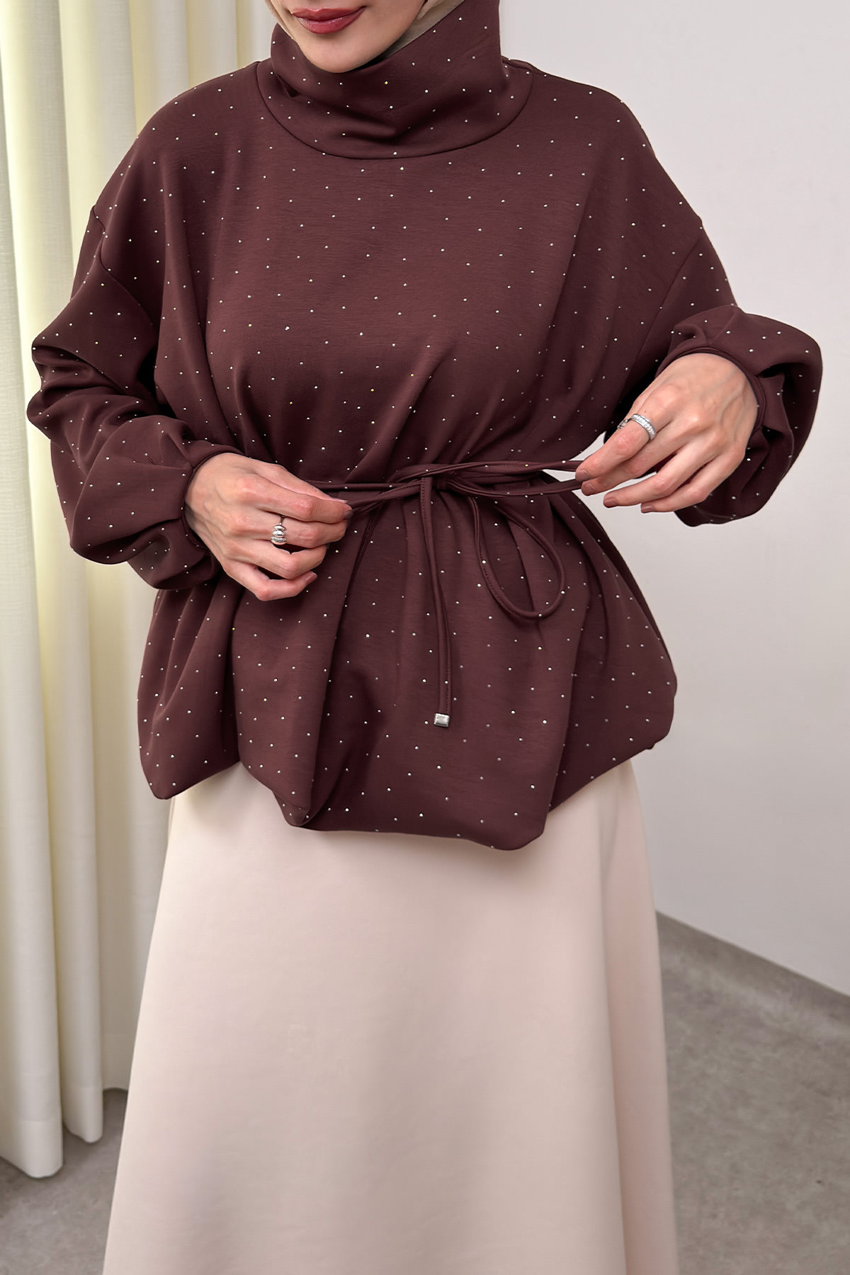 Taş Detaylı Salaş Swit Bluz 0026 - KOYU KAHVERENGİ |  