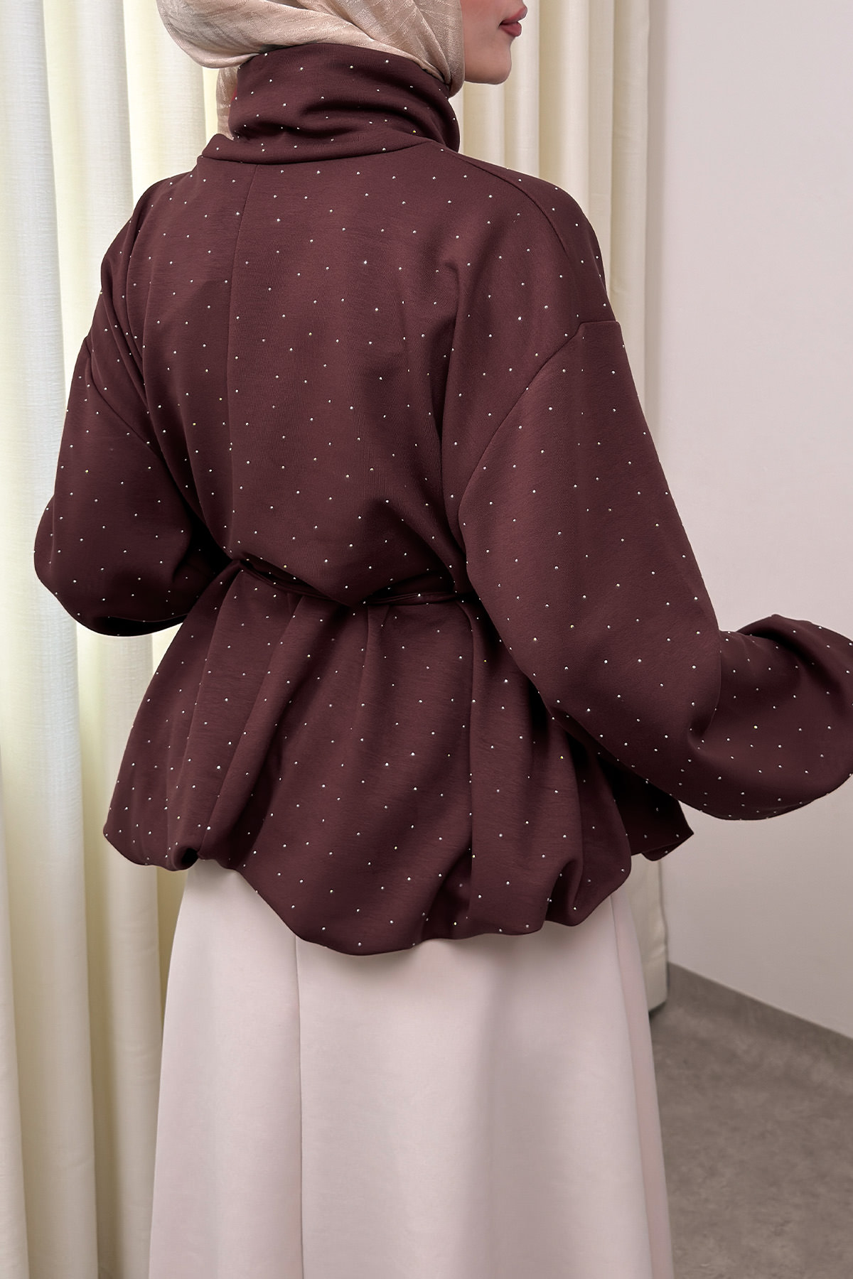 Taş Detaylı Salaş Swit Bluz 0026 - KOYU KAHVERENGİ |  