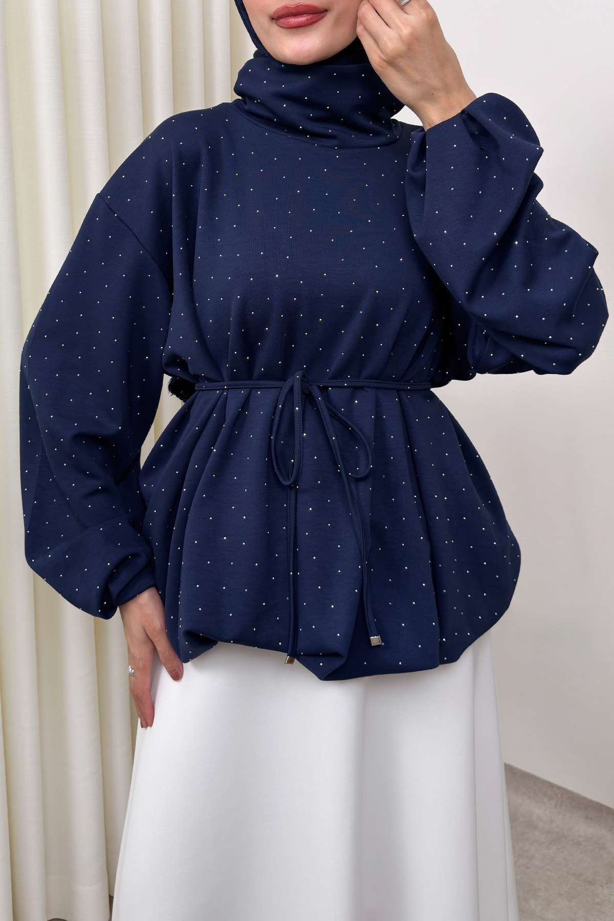 Taş Detaylı Salaş Swit Bluz 0026 - LACİVERT |  