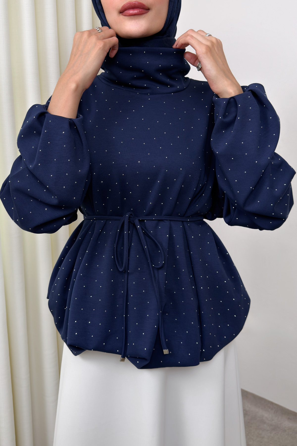 Taş Detaylı Salaş Swit Bluz 0026 - LACİVERT |  