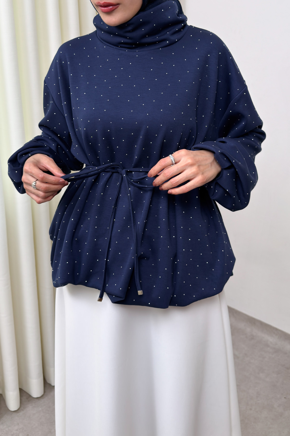 Taş Detaylı Salaş Swit Bluz 0026 - LACİVERT |  