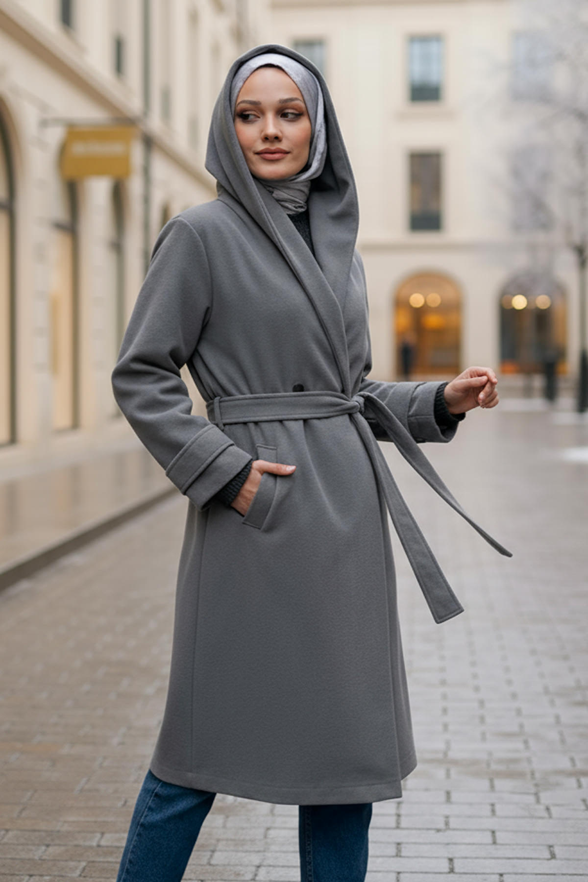 Kapüşonlu Kaşe Kaban 0027 - GRİ |  