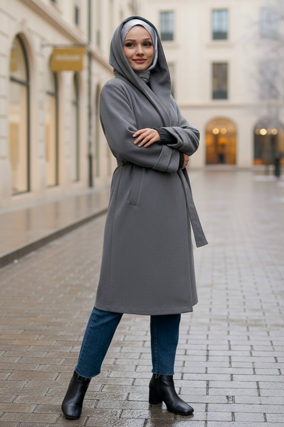 Kapüşonlu Kaşe Kaban 0027 - GRİ |  