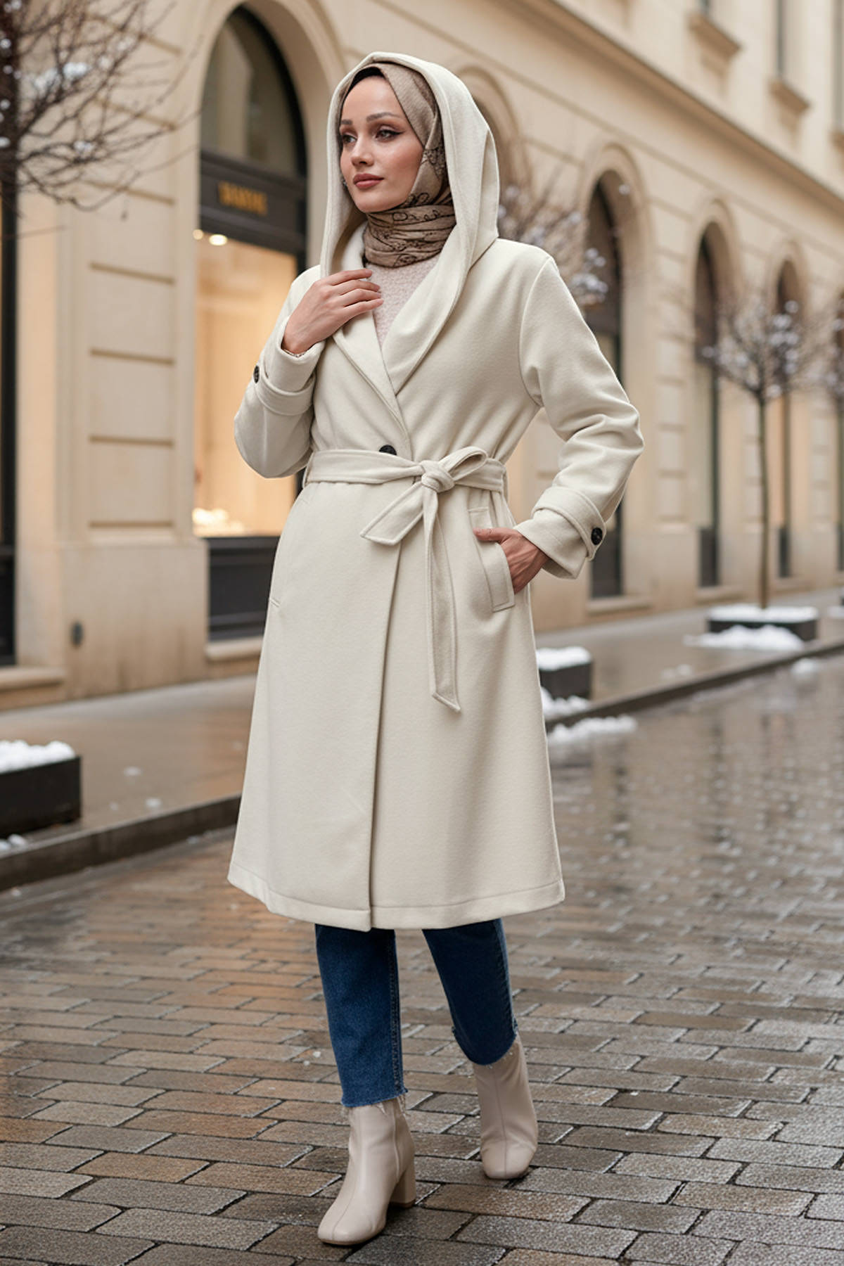 Kapüşonlu Kaşe Kaban 0027 - TAŞ RENGİ |  