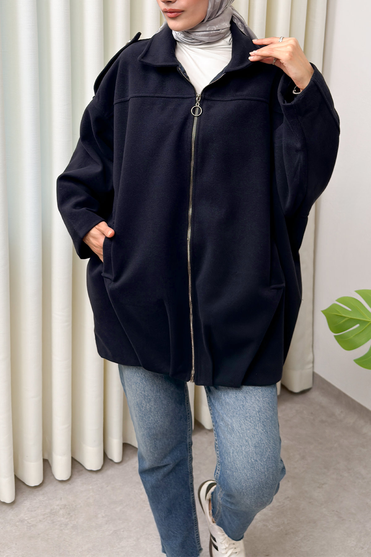 Fermuarlı Oversize Kaşe Kaban 0037 - LACİVERT |  