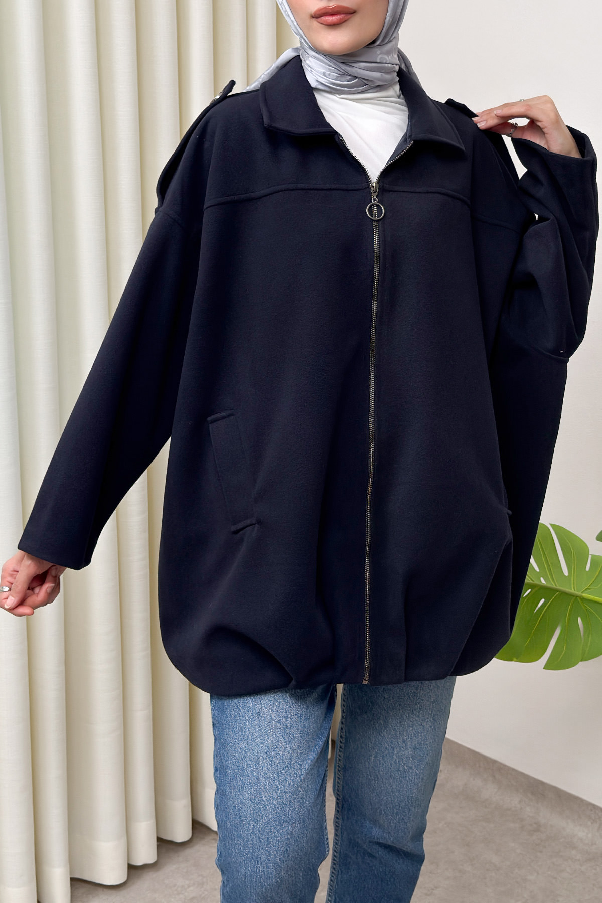 Fermuarlı Oversize Kaşe Kaban 0037 - LACİVERT |  