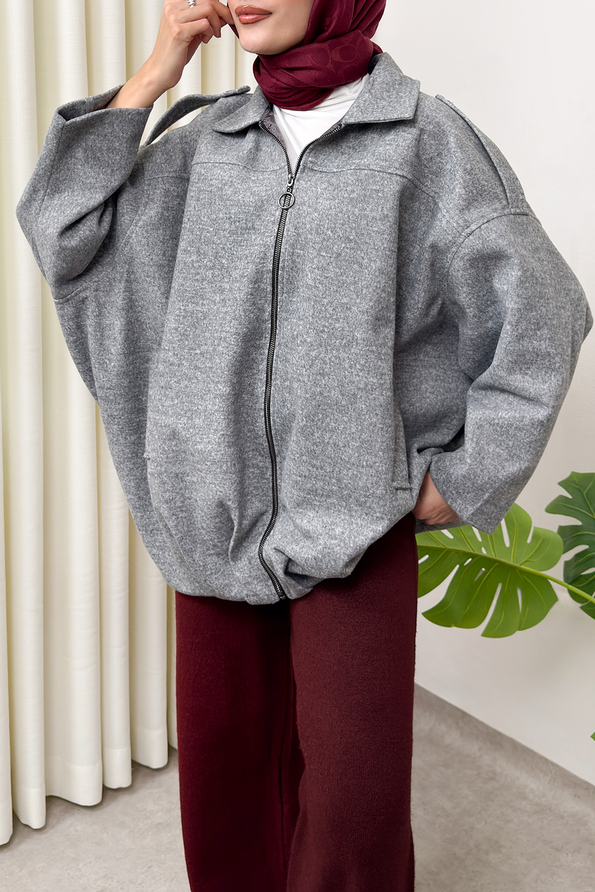 Fermuarlı Oversize Kaşe Kaban 0037 - GRİ |  