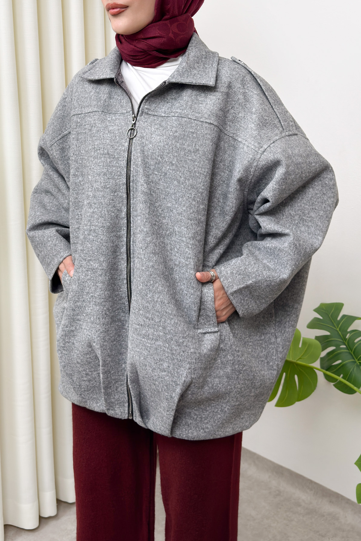 Fermuarlı Oversize Kaşe Kaban 0037 - GRİ |  