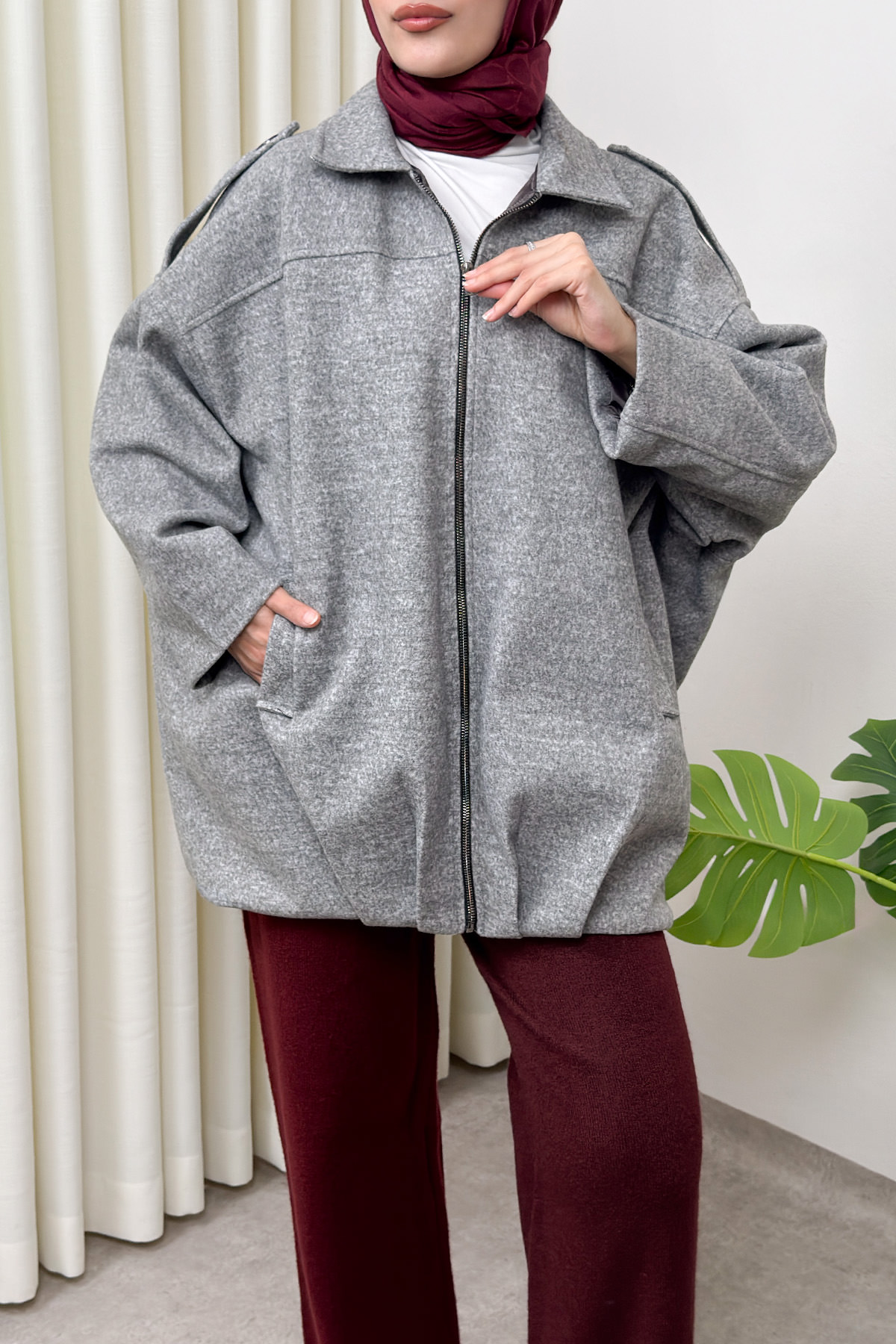 Fermuarlı Oversize Kaşe Kaban 0037 - GRİ |  