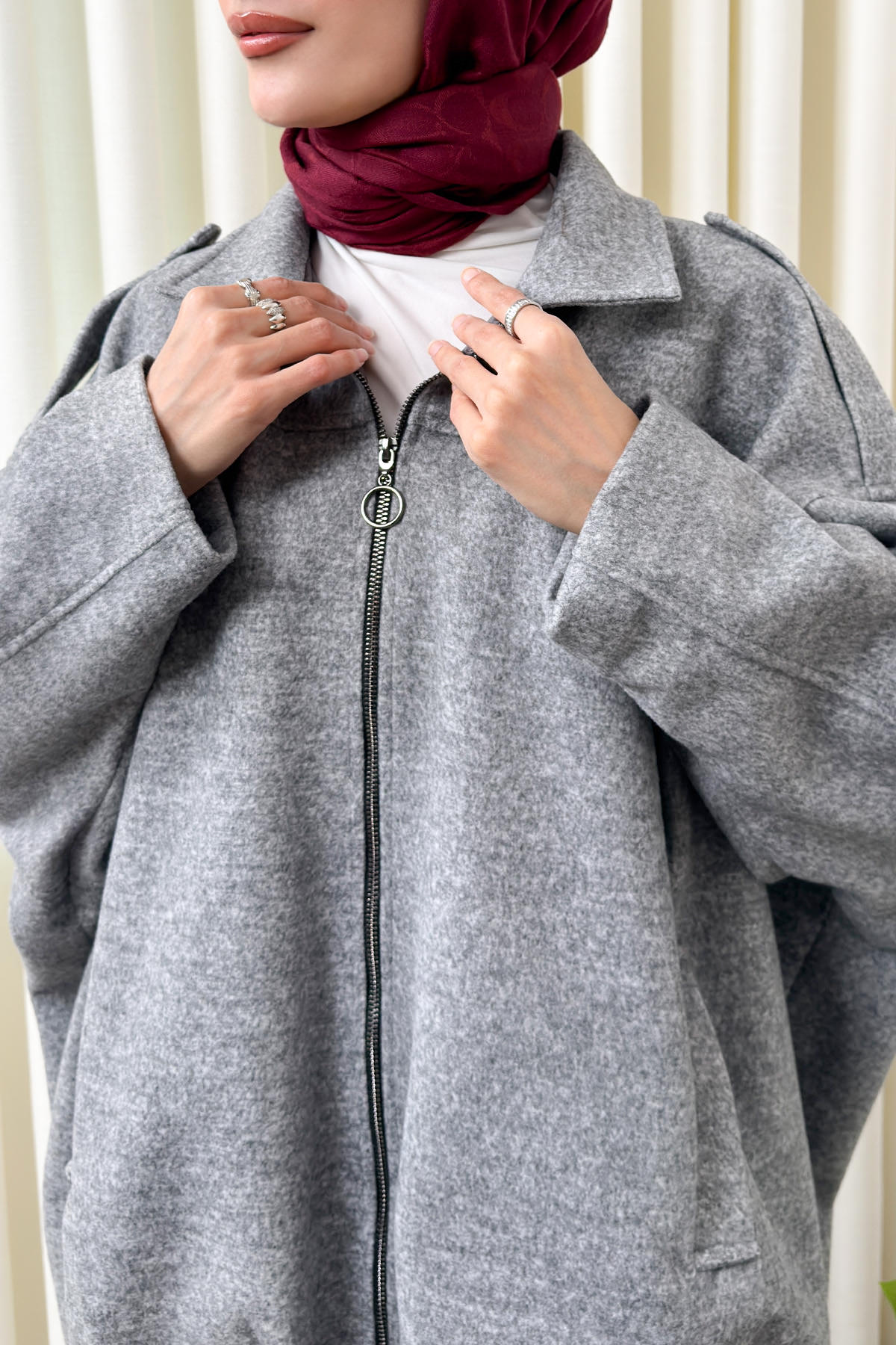 Fermuarlı Oversize Kaşe Kaban 0037 - GRİ |  
