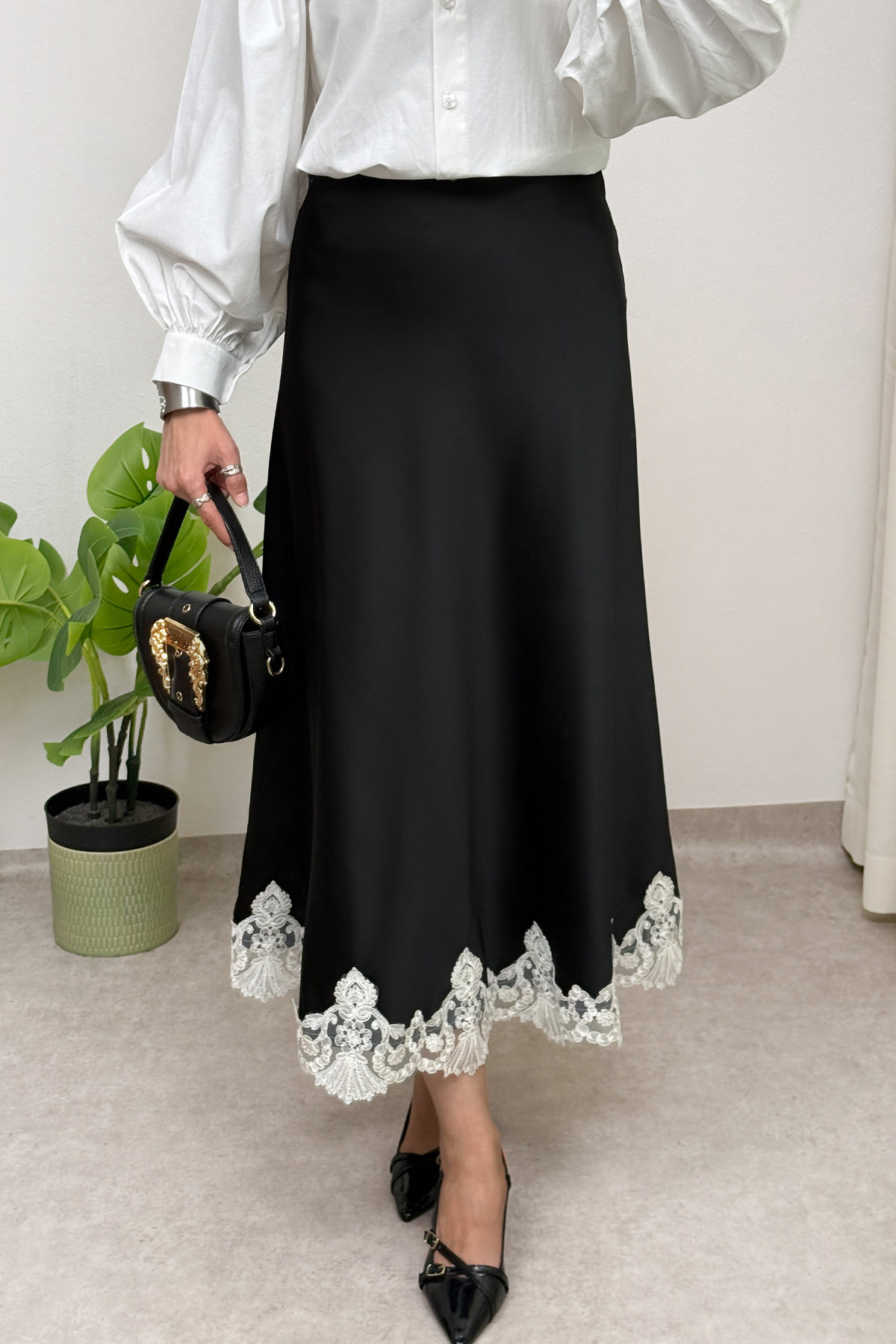 Dantel Detaylı Saten Etek 0038 - SİYAH |  