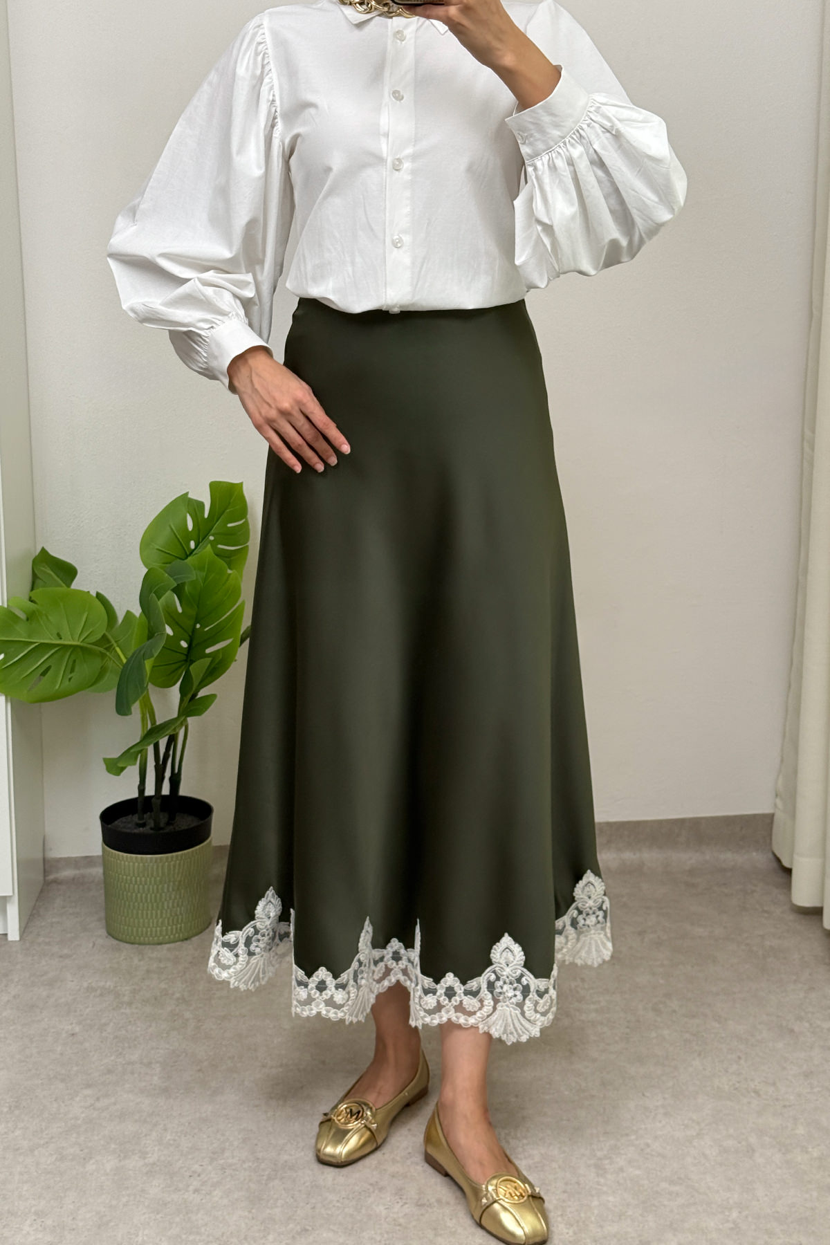 Dantel Detaylı Saten Etek 0038 - HAKİ |  