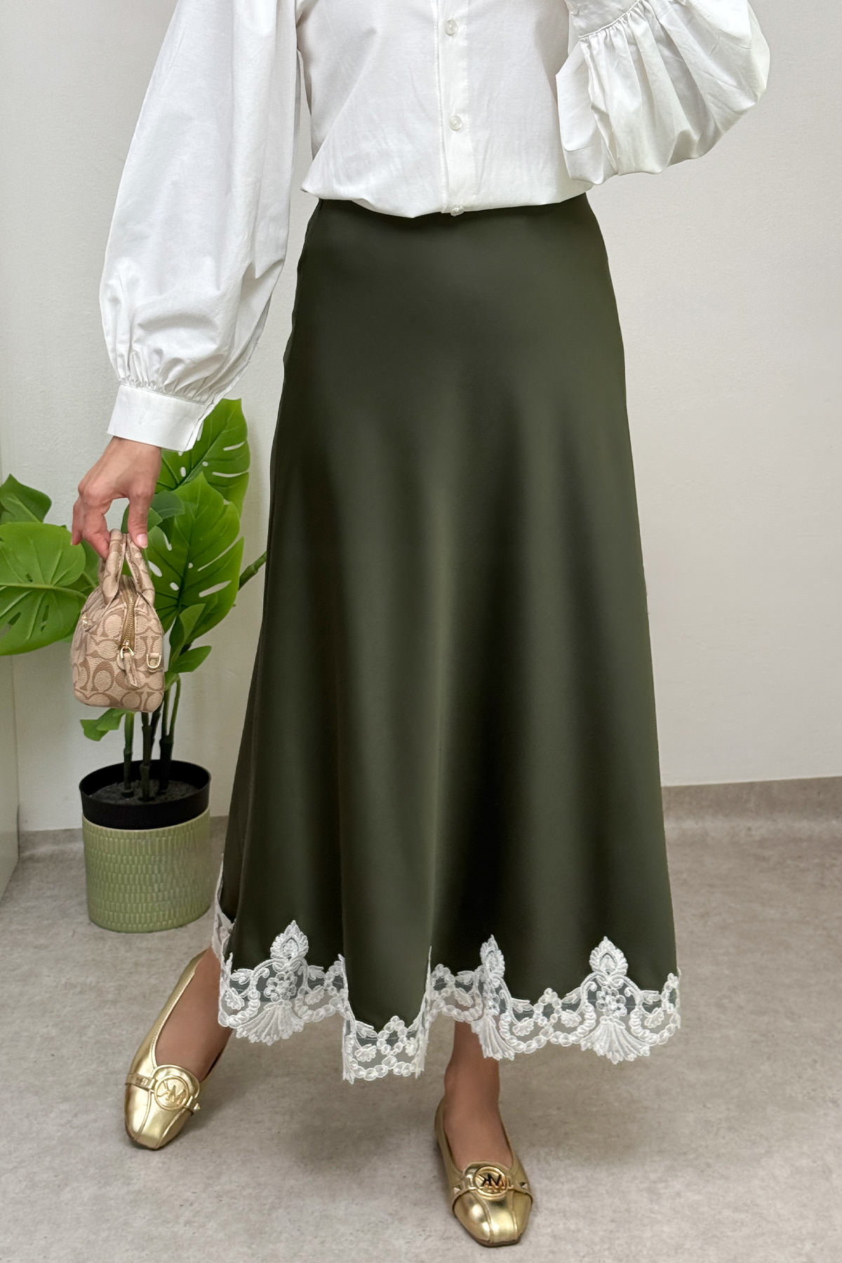 Dantel Detaylı Saten Etek 0038 - HAKİ |  