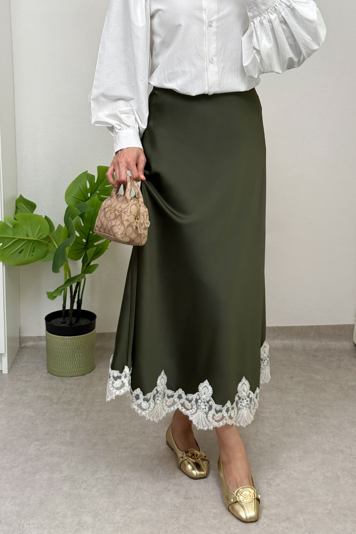 Dantel Detaylı Saten Etek 0038 - HAKİ |  