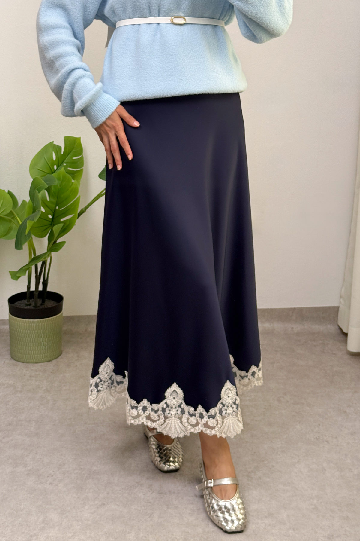 Dantel Detaylı Saten Etek 0038 - LACİVERT |  