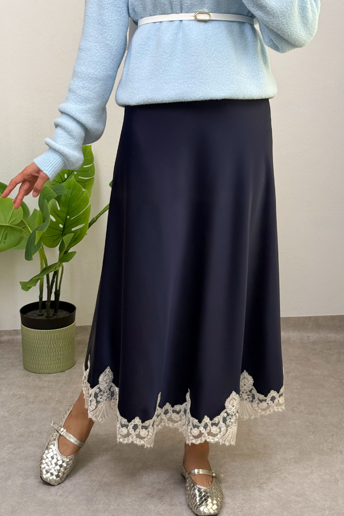 Dantel Detaylı Saten Etek 0038 - LACİVERT |  
