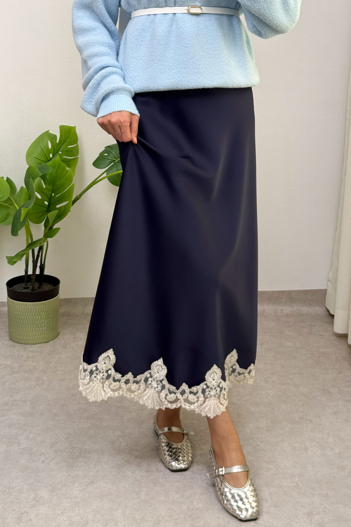 Dantel Detaylı Saten Etek 0038 - LACİVERT |  