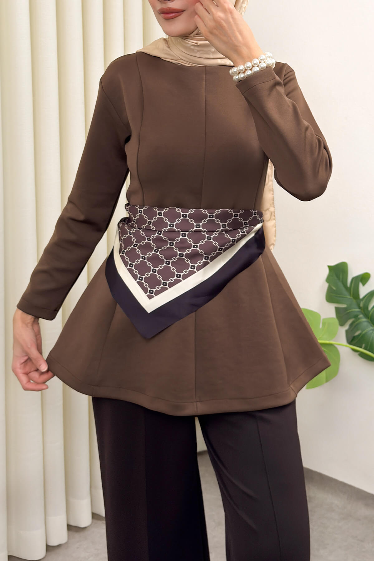 Kemerli Peplum Bluz 0040 - AÇIK KAHVERENGİ |  