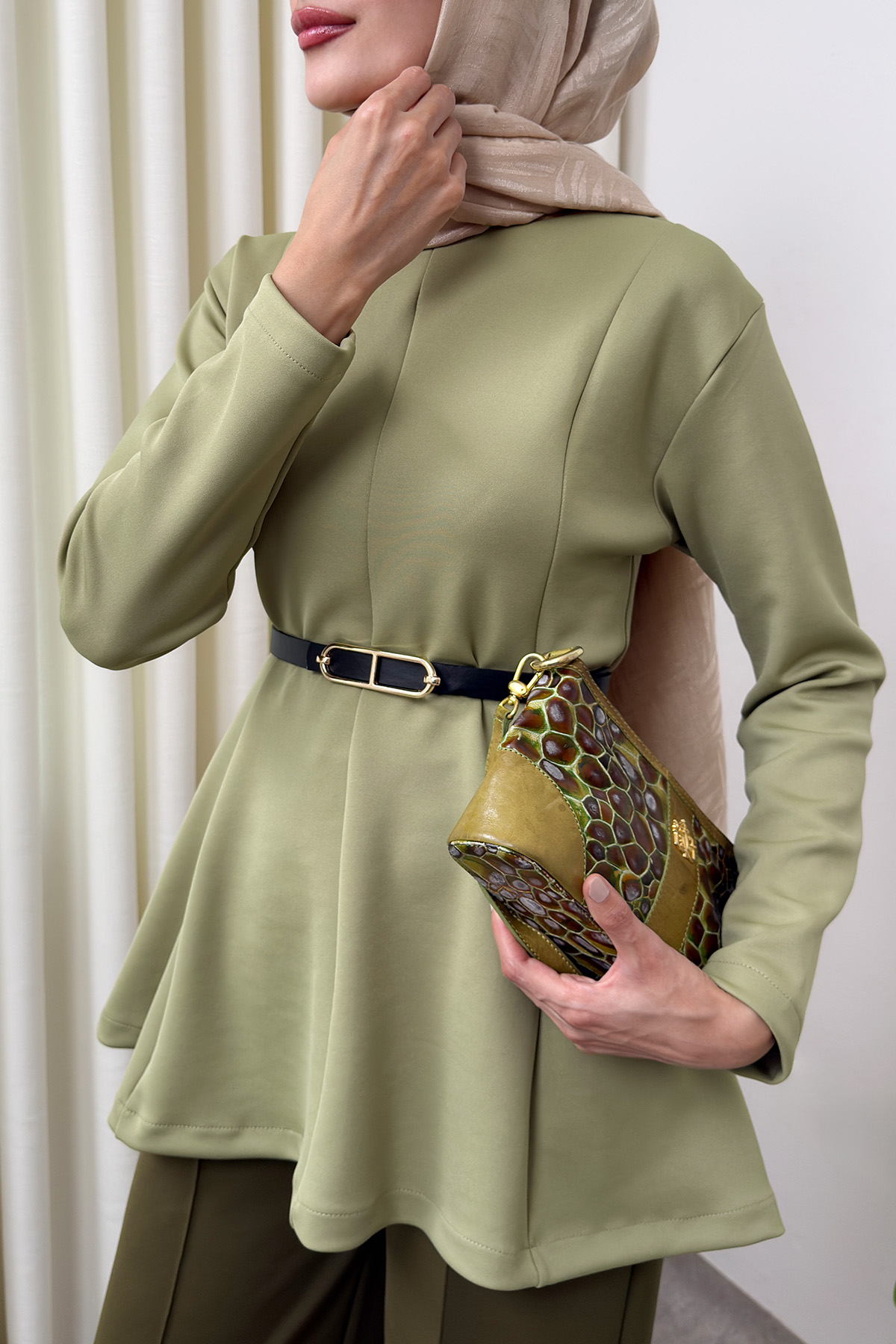 Kemerli Peplum Bluz 0040 - AÇIK HAKİ |  