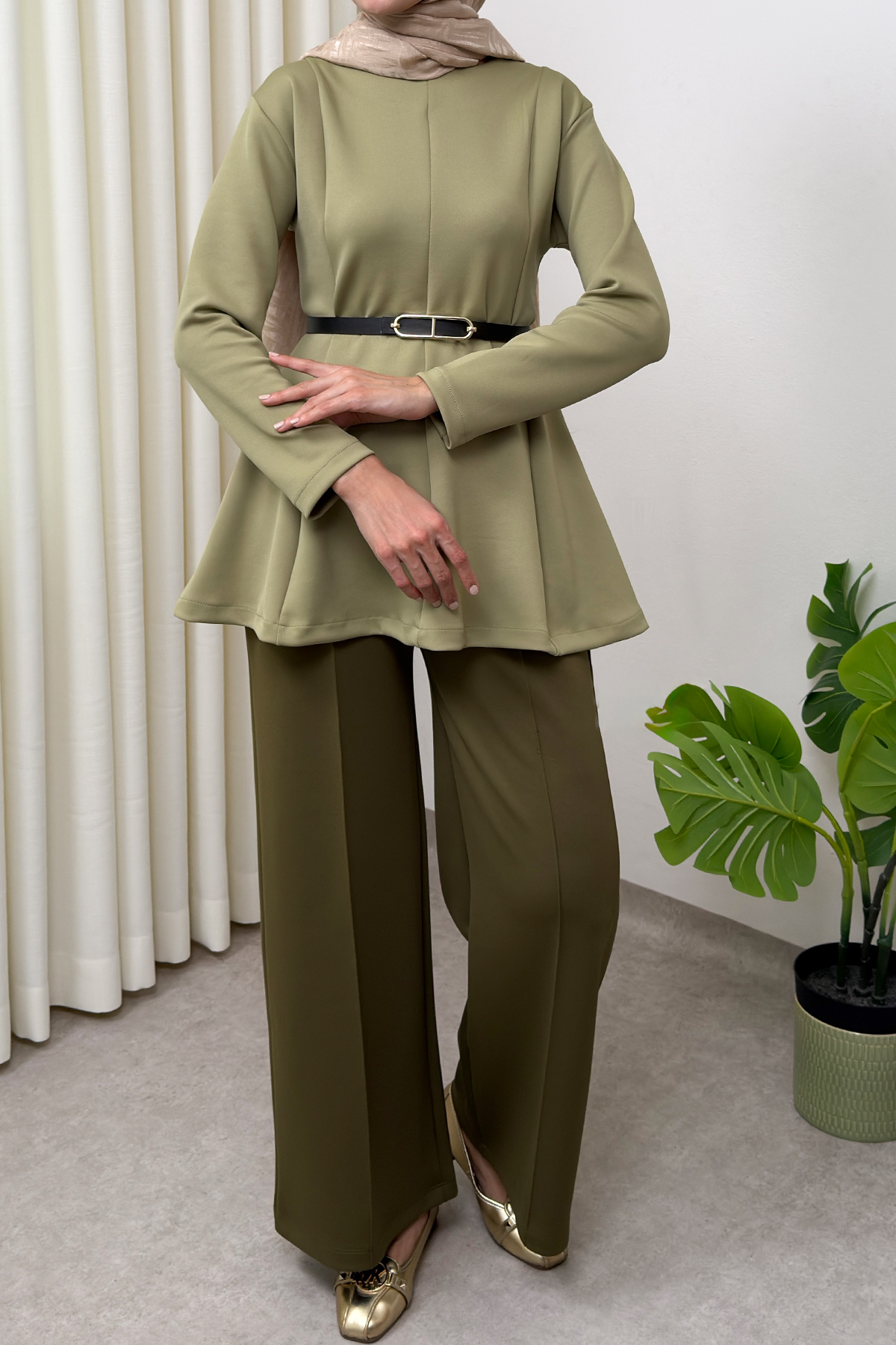 Kemerli Peplum Bluz 0040 - AÇIK HAKİ |  