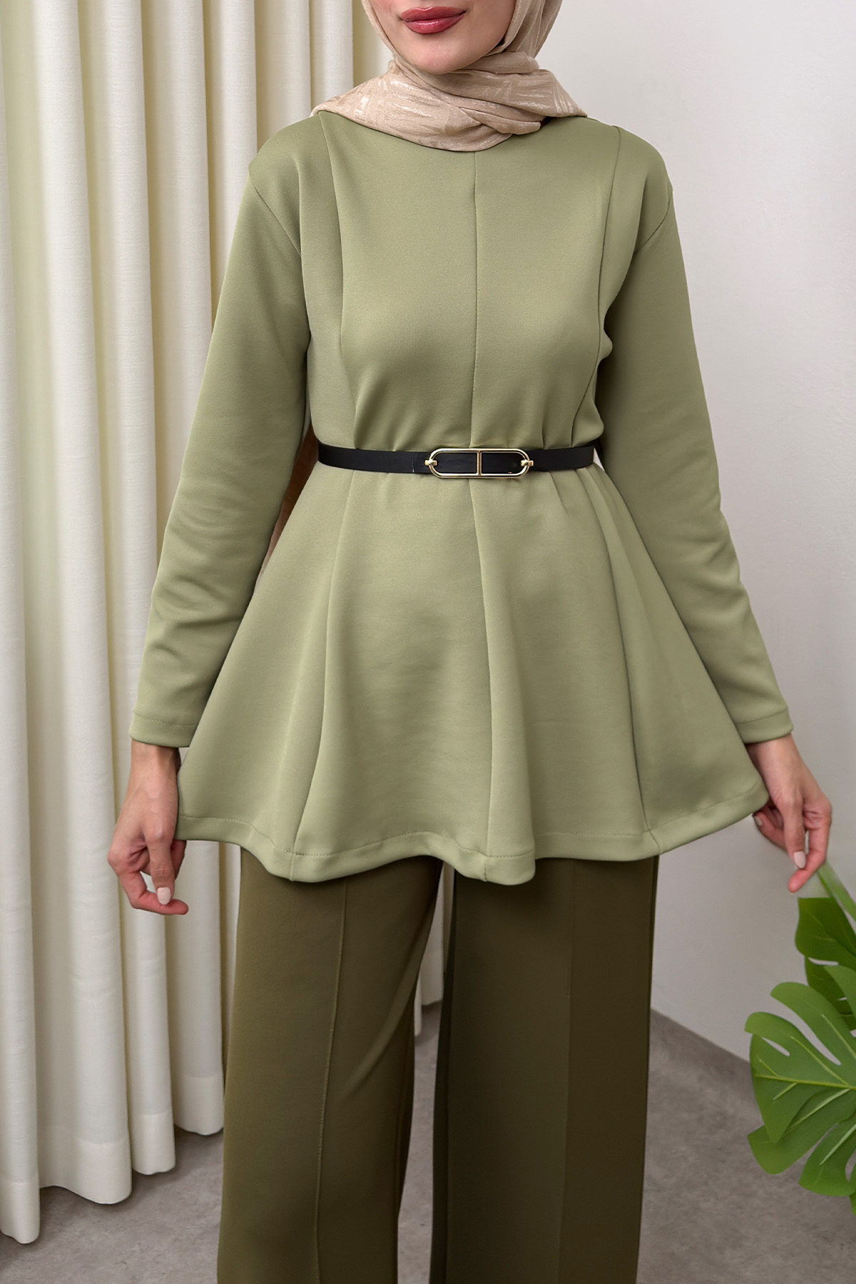 Kemerli Peplum Bluz 0040 - AÇIK HAKİ |  