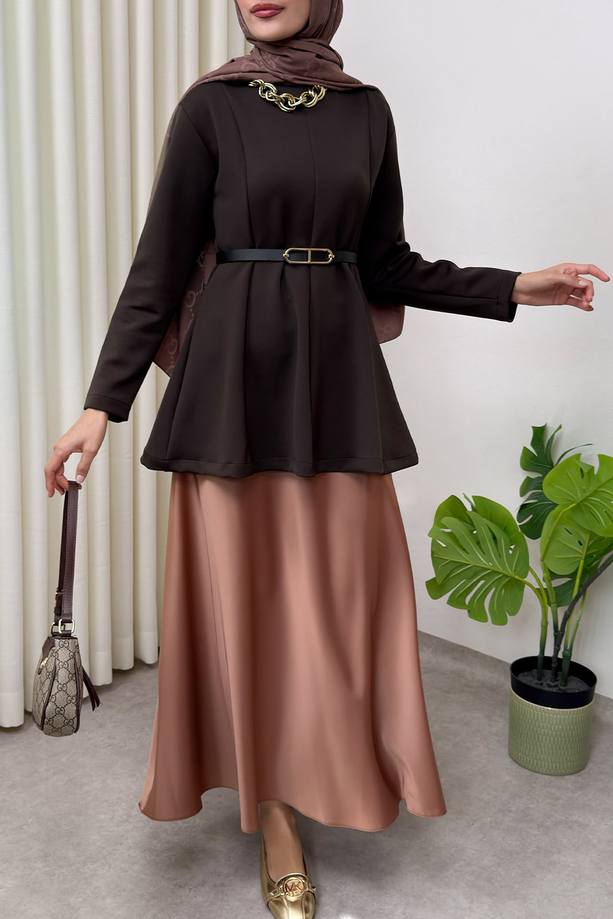 Kemerli Peplum Bluz 0040 - KOYU KAHVERENGİ | zenne.com 