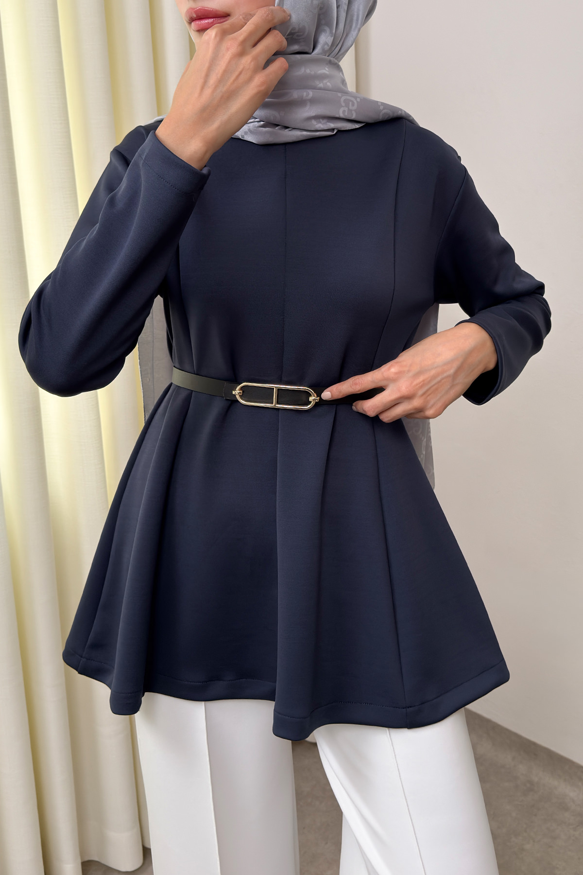 Kemerli Peplum Bluz 0040 - LACİVERT |  