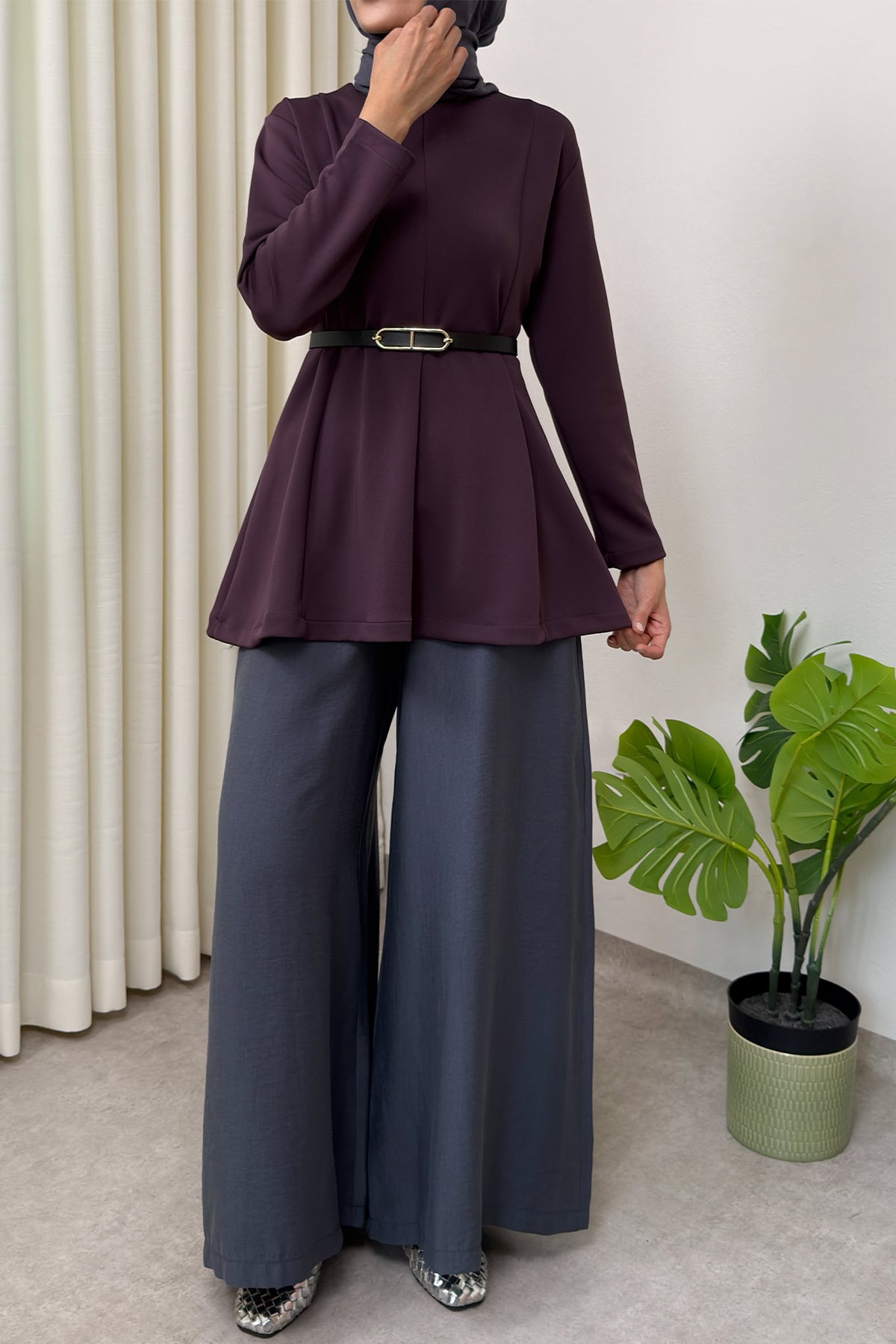 Kemerli Peplum Bluz 0040 - MOR | zenne.com 