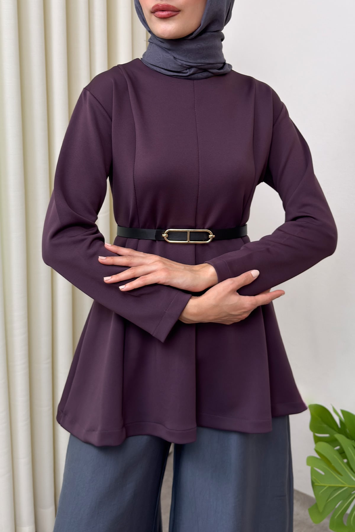 Kemerli Peplum Bluz 0040 - MOR | zenne.com 