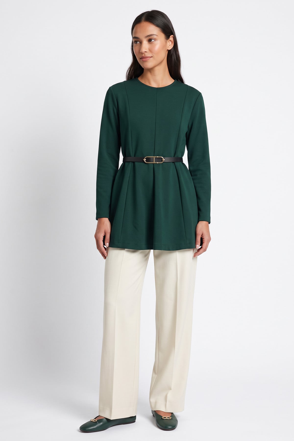 Kemerli Peplum Bluz 0040 - ZÜMRÜT YEŞİLİ | zenne.com 