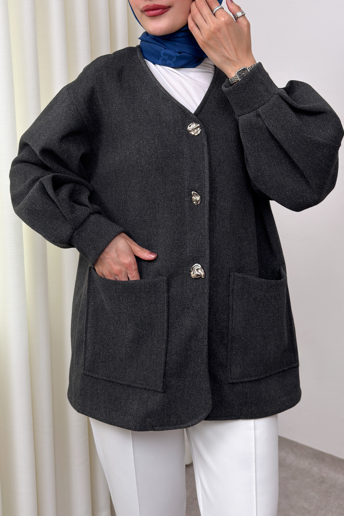 V Yaka Kaşe Ceket 0041 - ANTRASİT |  