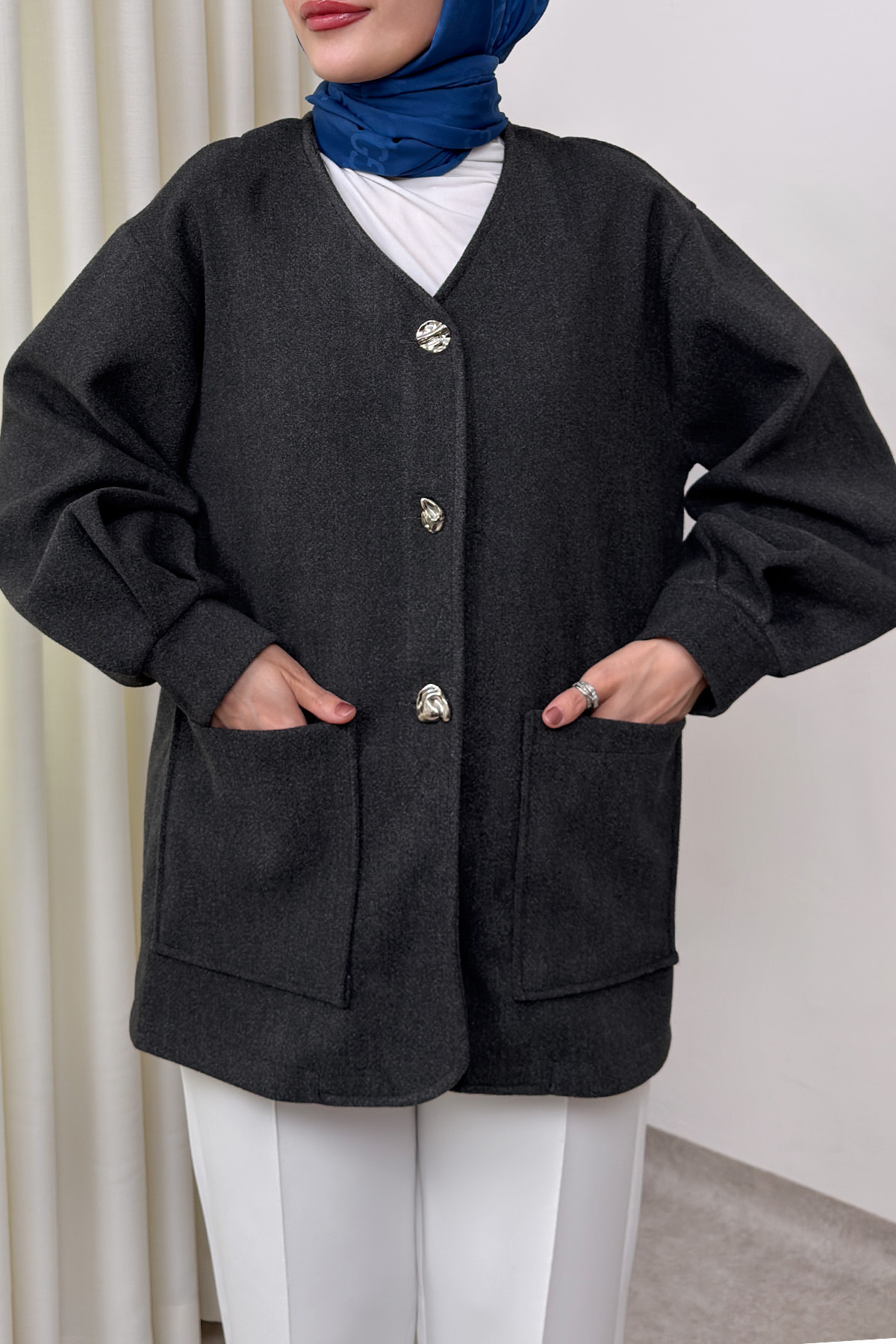 V Yaka Kaşe Ceket 0041 - ANTRASİT |  
