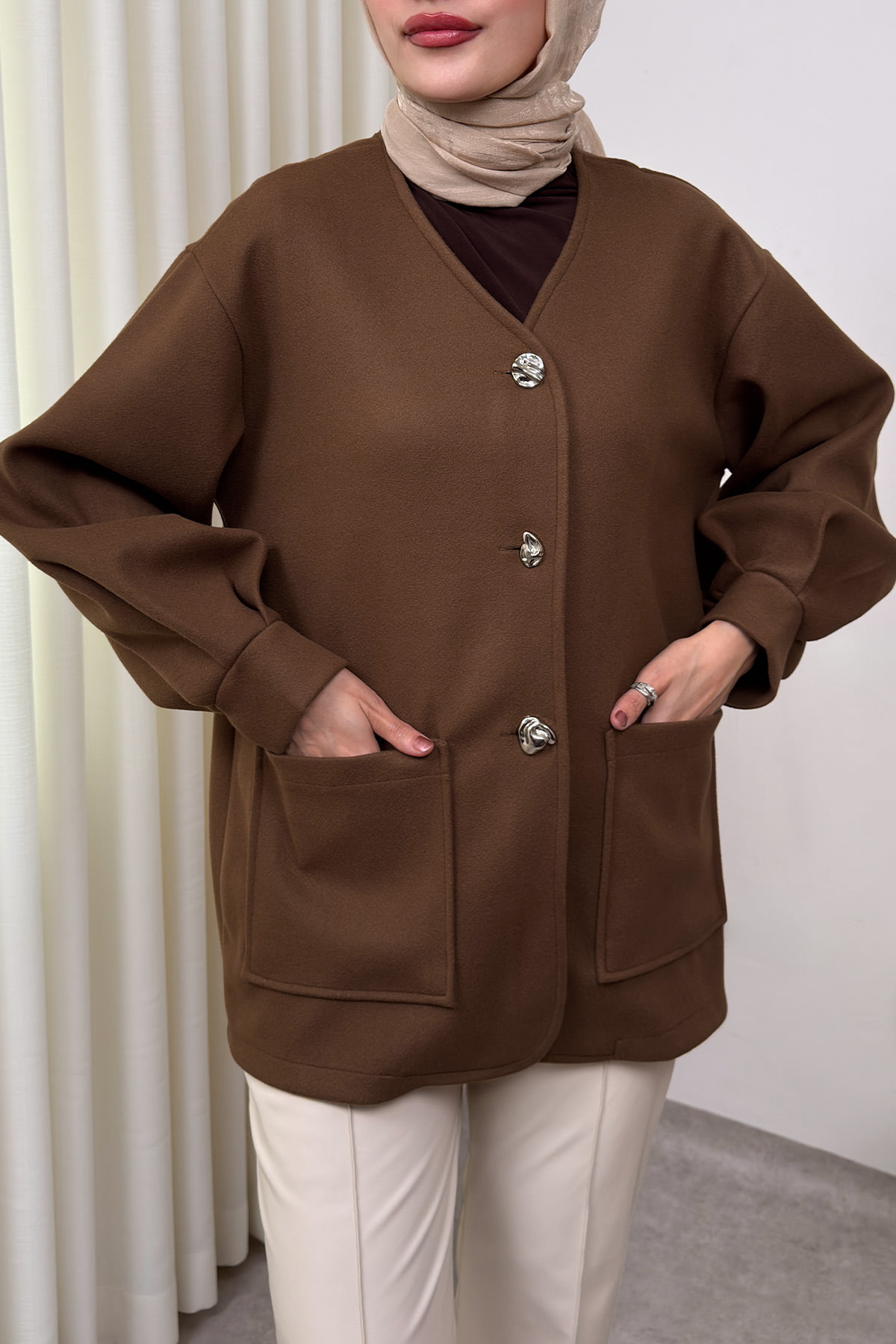 V Yaka Kaşe Ceket 0041 - KAHVERENGİ |  