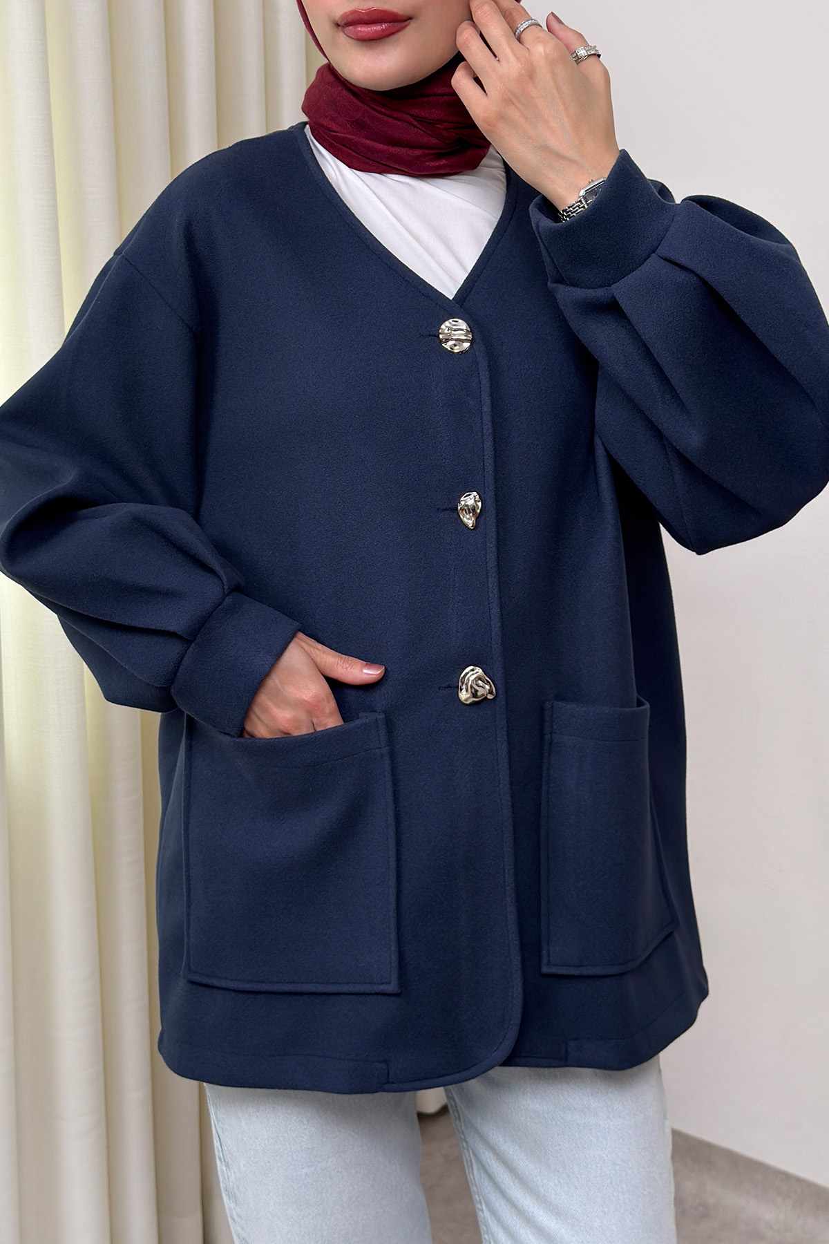 V Yaka Kaşe Ceket 0041 - LACİVERT |  