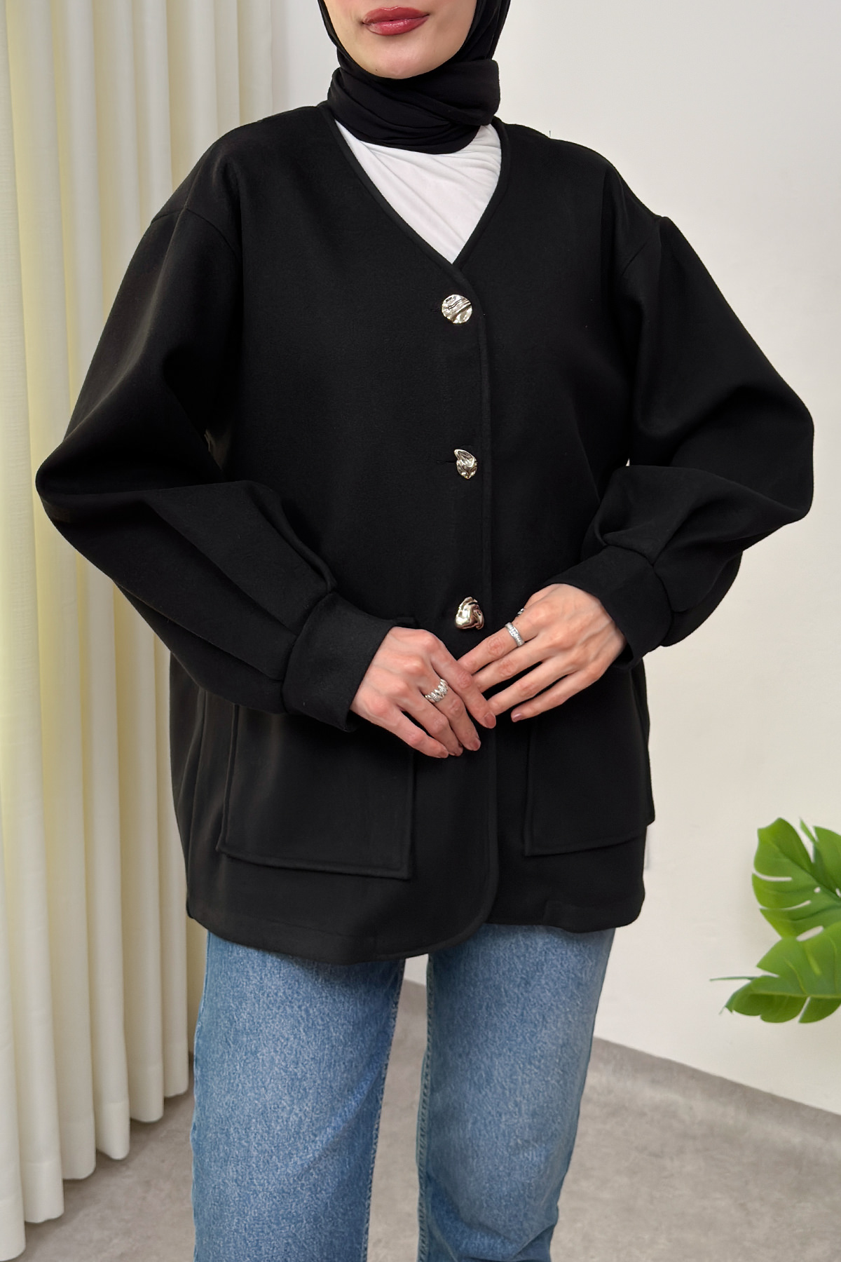 V Yaka Kaşe Ceket 0041 - SİYAH |  