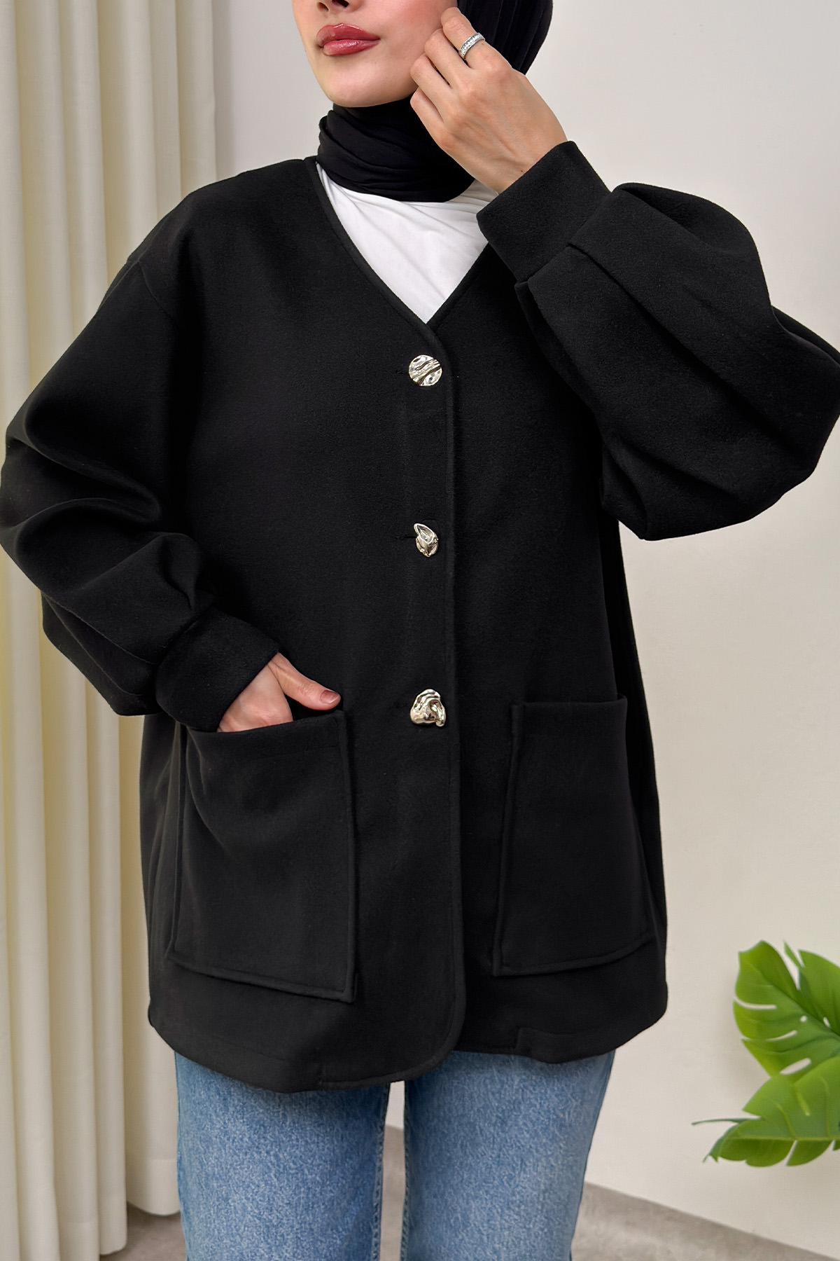 V Yaka Kaşe Ceket 0041 - SİYAH |  