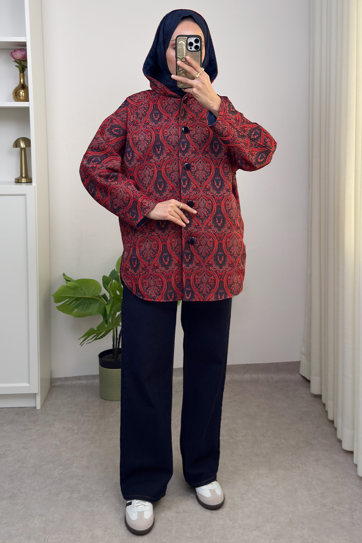 Otantik Desen Kapüşonlu Kap 0046 - BORDO |  