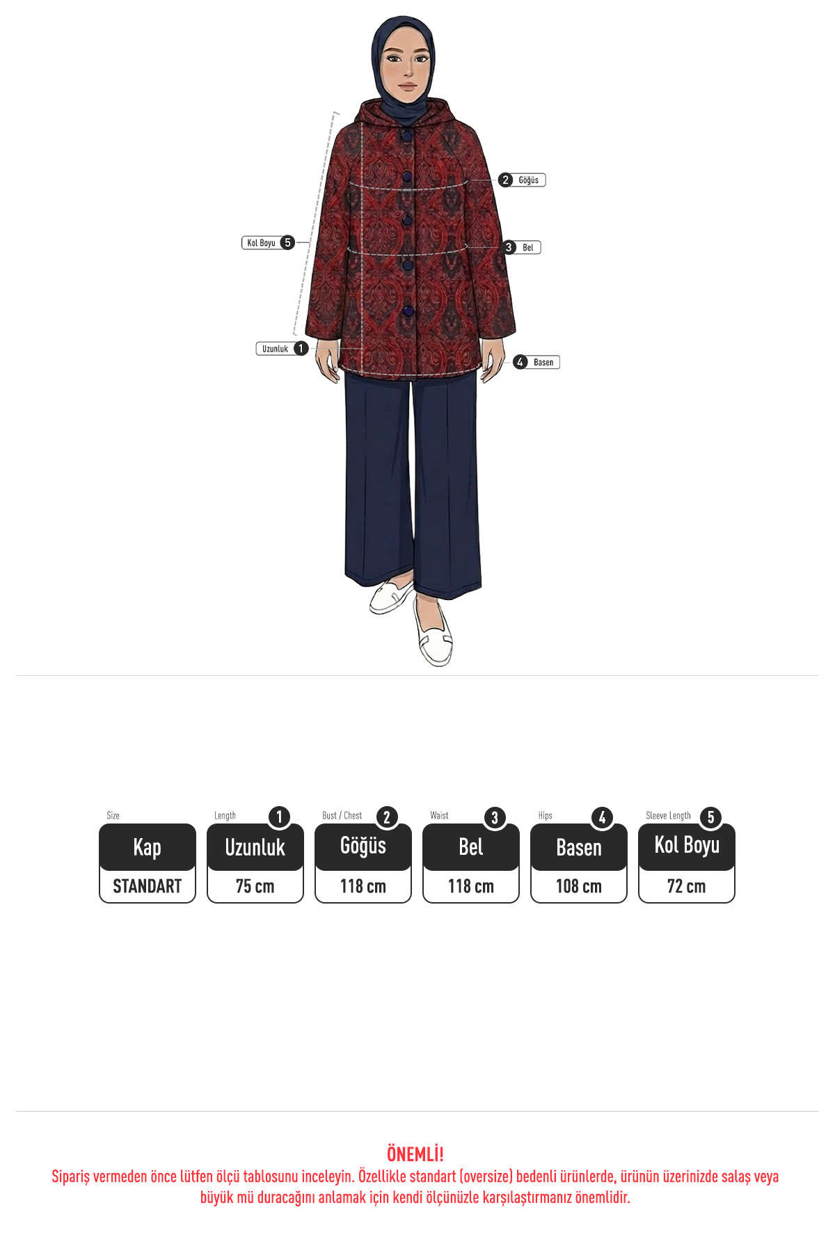 Otantik Desen Kapüşonlu Kap 0046 - BORDO |  