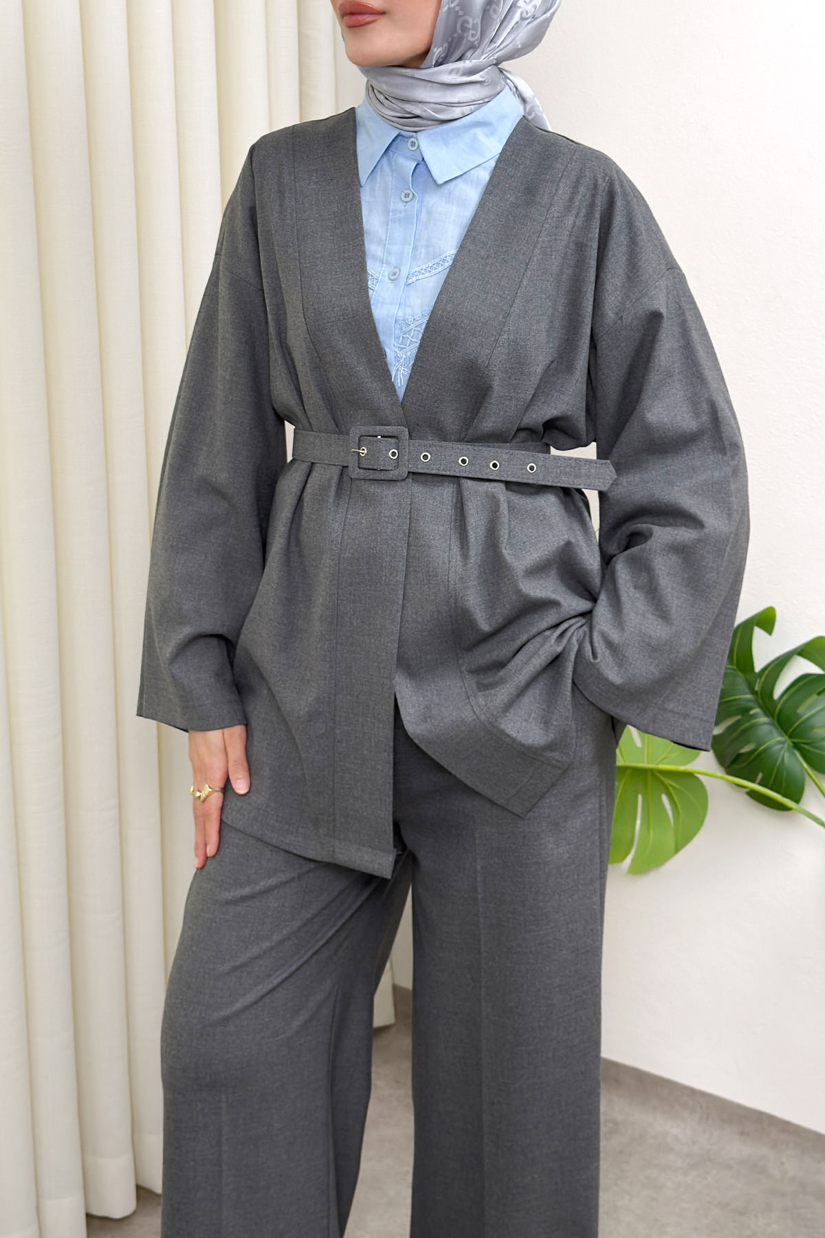 Geniş Kol Kimono Kemerli Pantolon Takım 0047 - GRİ |  