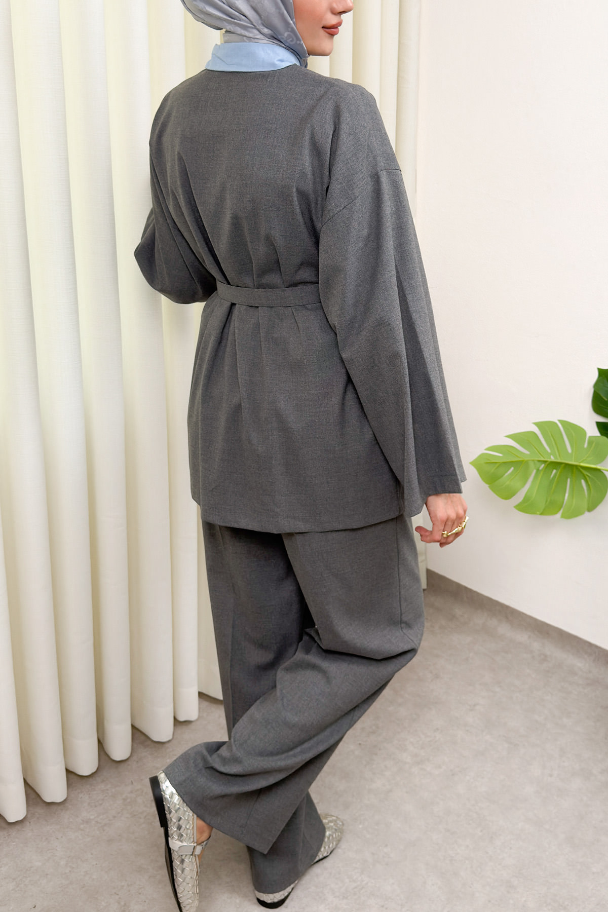 Geniş Kol Kimono Kemerli Pantolon Takım 0047 - GRİ |  