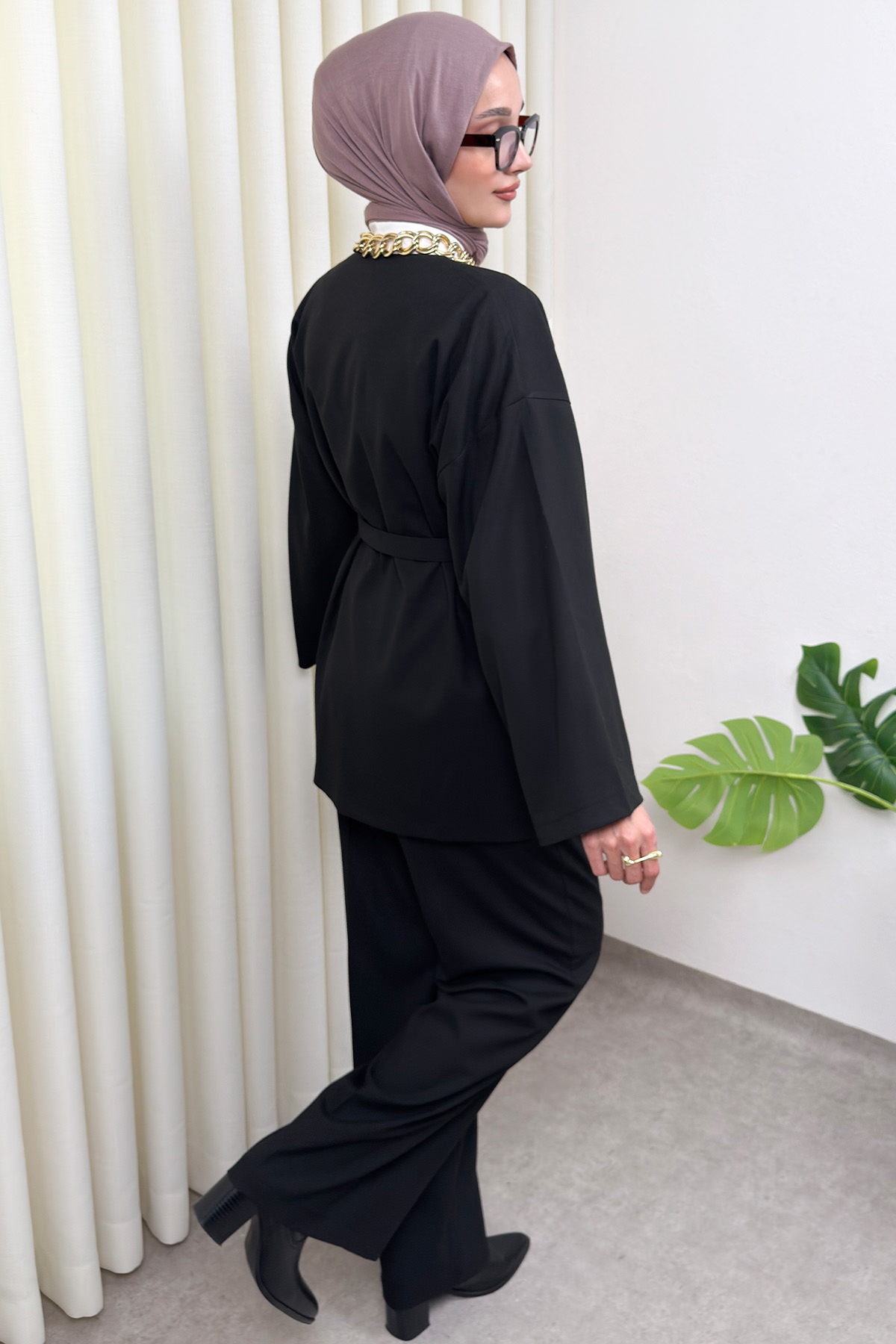 Geniş Kol Kimono Kemerli Pantolon Takım 0047 - SİYAH |  